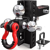 TYT Adjustable Tri-Ball Trailer Hitch for 2" Receiver: 4.5" Drop/Rise, 1-7/8" 2" 2-5/16" Balls, Tow Hook Shackle, 10K GTW, Locks