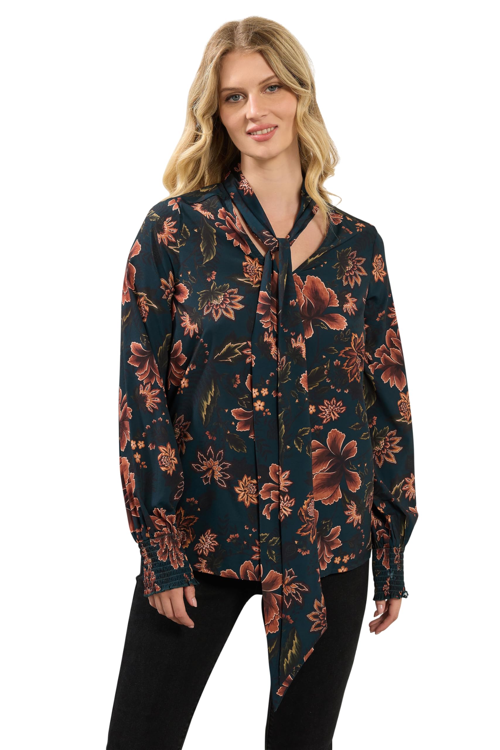 Long Tall Sally Women's Teal - Lts Tall Navy Blue Floral Tie Neck Blouse