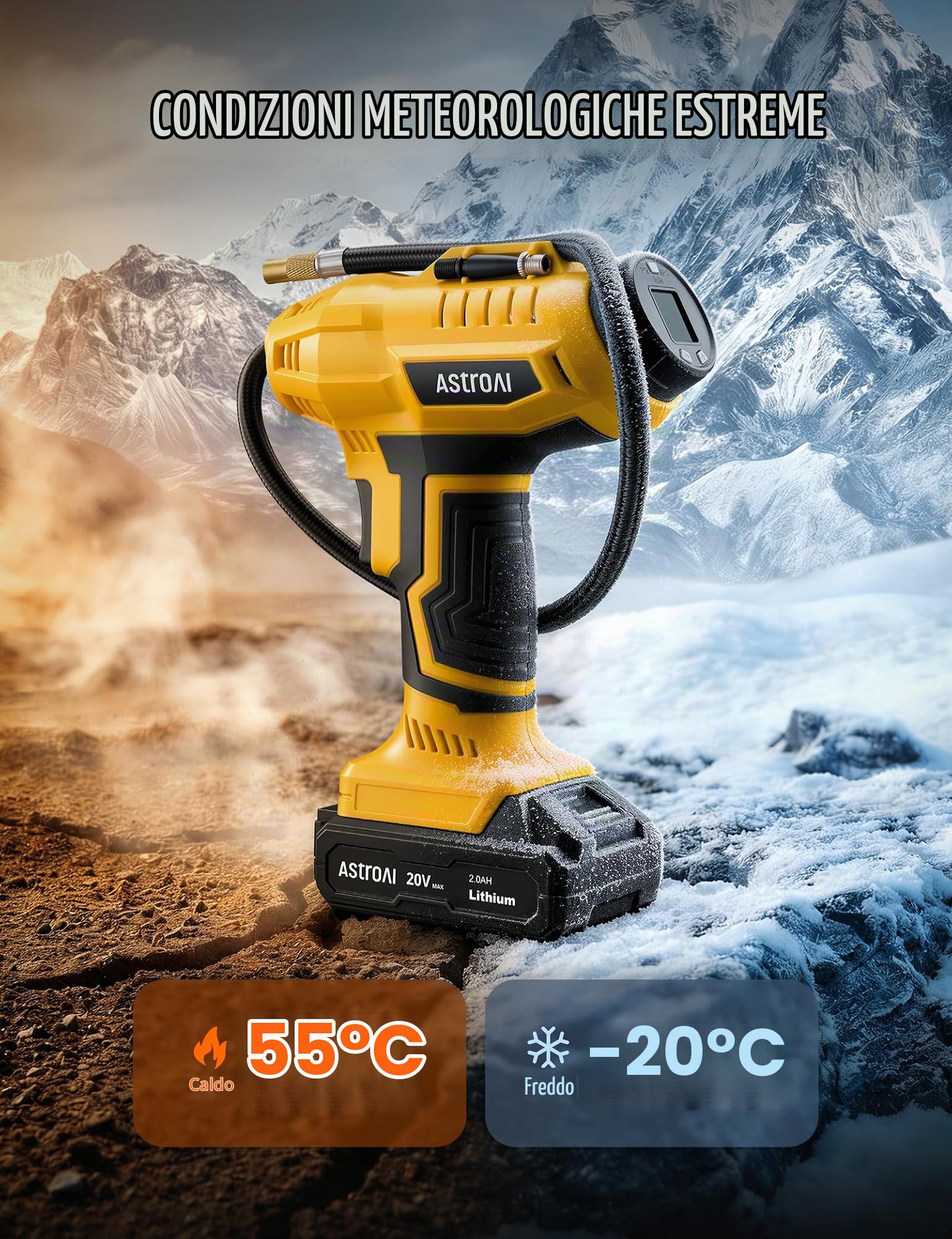 AstroAI 2-in-1 metallo cilindro compressore d'aria 20 V batteria e 12 V auto alimentazione portatile senza fili compressore elettrico 160 PSI pompa d'aria digitale per auto moto