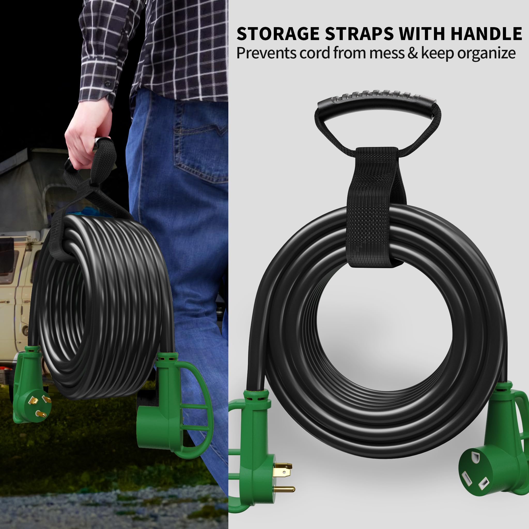 POWGRN Cable de extensión para caravana de 30 amperios con mango de agarre, cable de alimentación flexible y resistente, calibre 10/3, STW, 3 pines, resistente al agua