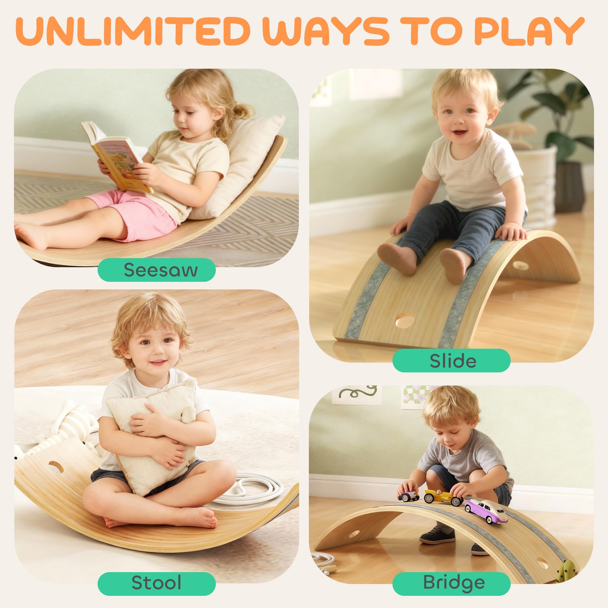 AIYAPLAY Kinder hölzerne Balance Board mit Seil, hölzerne Wobble Board mit Filz, Curvy Schaukel Wippe Outdoor Indoor-Spielzeug für sensorische Spiel, sensorische Spielgeräte für Kleinkinder 3-6 Jahre