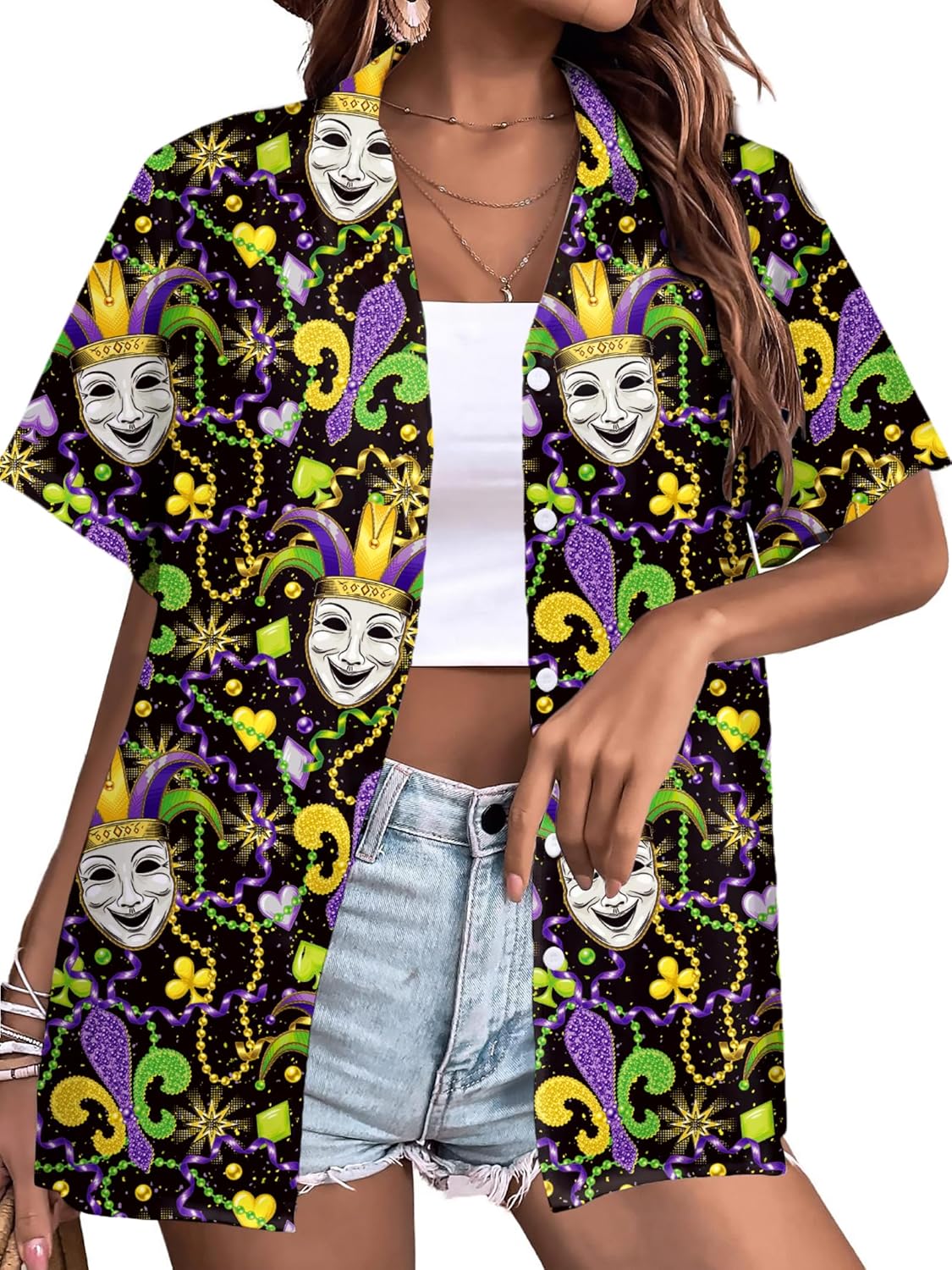 Mardi Shirts for Women Carnival Fat Tuesday Button Down T-Shirt New Orleans Party Gift Short Sleeve Tee Tops