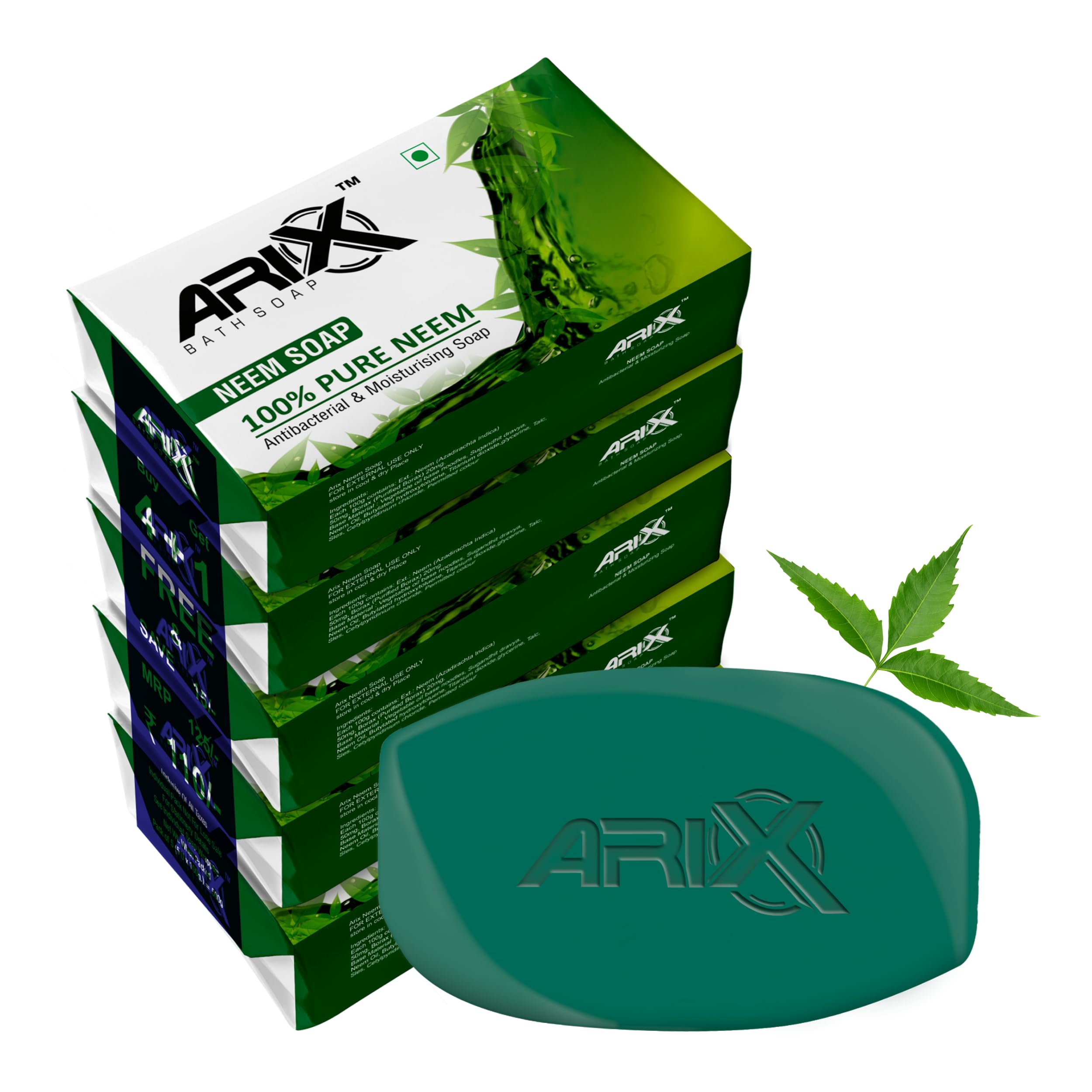 ARIX Neem Soap I Herbal Bathing Bar with Essential Oils I with Goodness of Neem Leaves I Anti-Bacterial I for Smooth, Soft, Moisturised & Nourished Skin I Suitable for All Skin Types - Set of 4 + 1