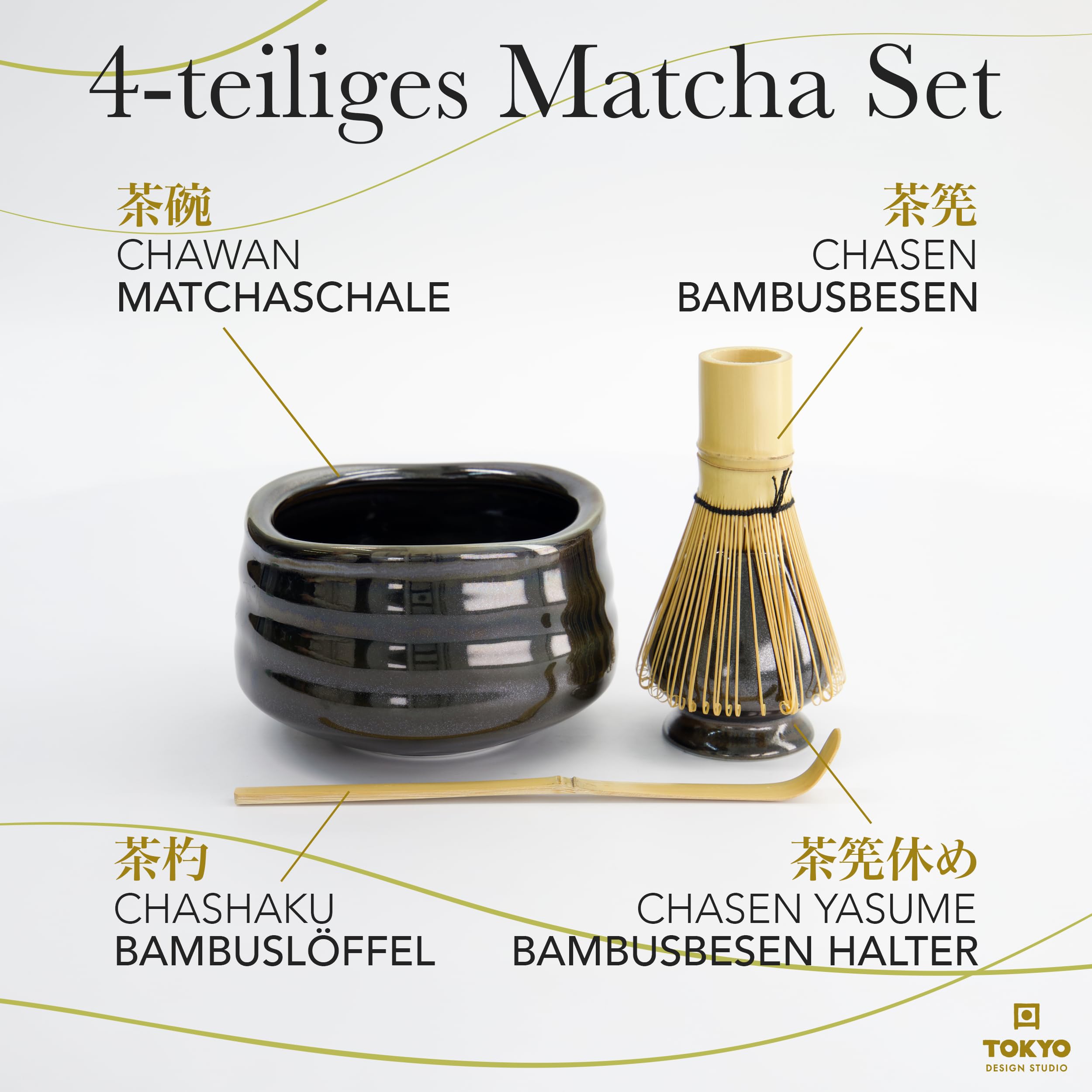 TOKYO design studio – 4-teiliges Matcha Set in hochwertiger Geschenkverpackung - mit Matchaschale, Bambusbesen, Bambuslöffel & Teebesenhalter – Traditionelle Teezeremonie – Edle Keramik in Schwarz