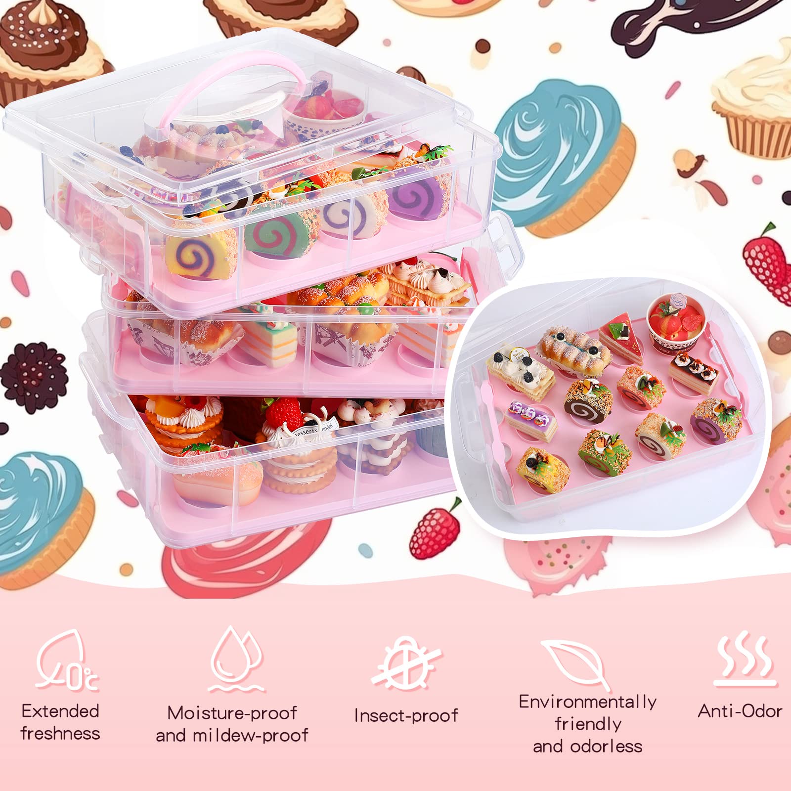 Bokon 2 Pcs Cupcake Carriers for 72 Cupcakes, Plastic Cupcake Holder with Lid and Handle, Reusable Portable 3 Tier Stacking Cupcake Storage Dessert Travel Container for Cookie, Muffin or Cake Carrier