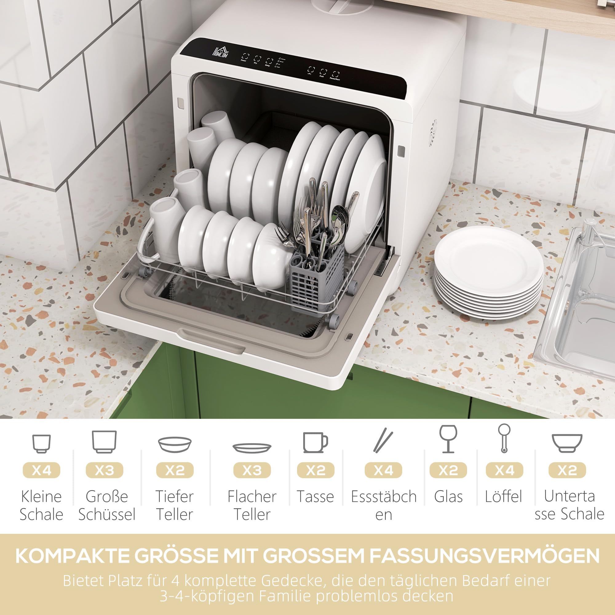 HOMCOM Tischgeschirrspüler Mit/Ohne Wasseranschluss Benutzbar Mini Weiß | Mini Geschirrspüler, Platz für 4 Maßgedecke, 6 Programmen, Eingebautem 6-Liter-Wassertank, für Büro, Camping, Wohnmobil