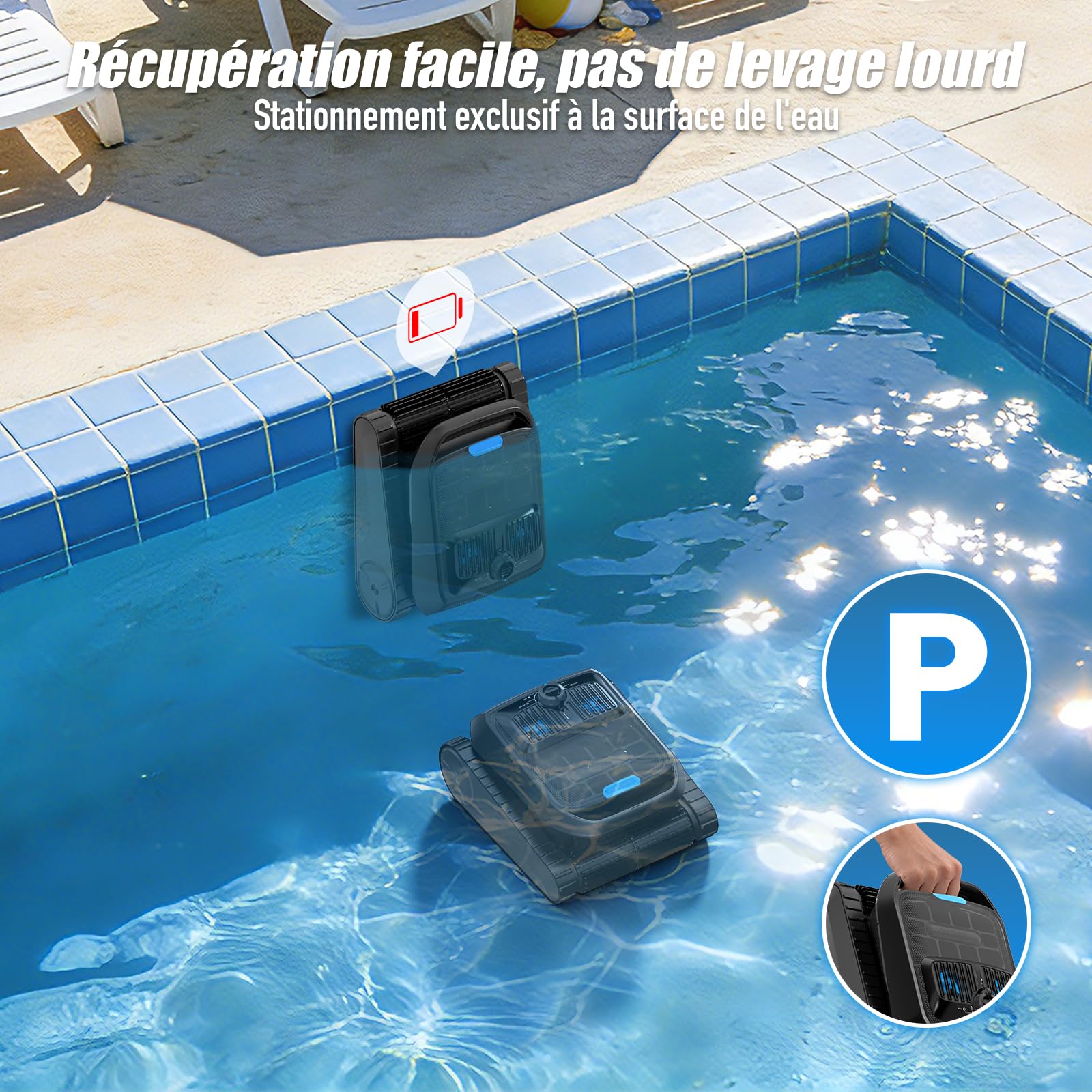 Robot de Piscine sans Fil à Batterie, détection ultrasons, Navigation Intelligente, Nettoyage Fond, parois & Ligne d’Eau (PC200) (Noir Pur)