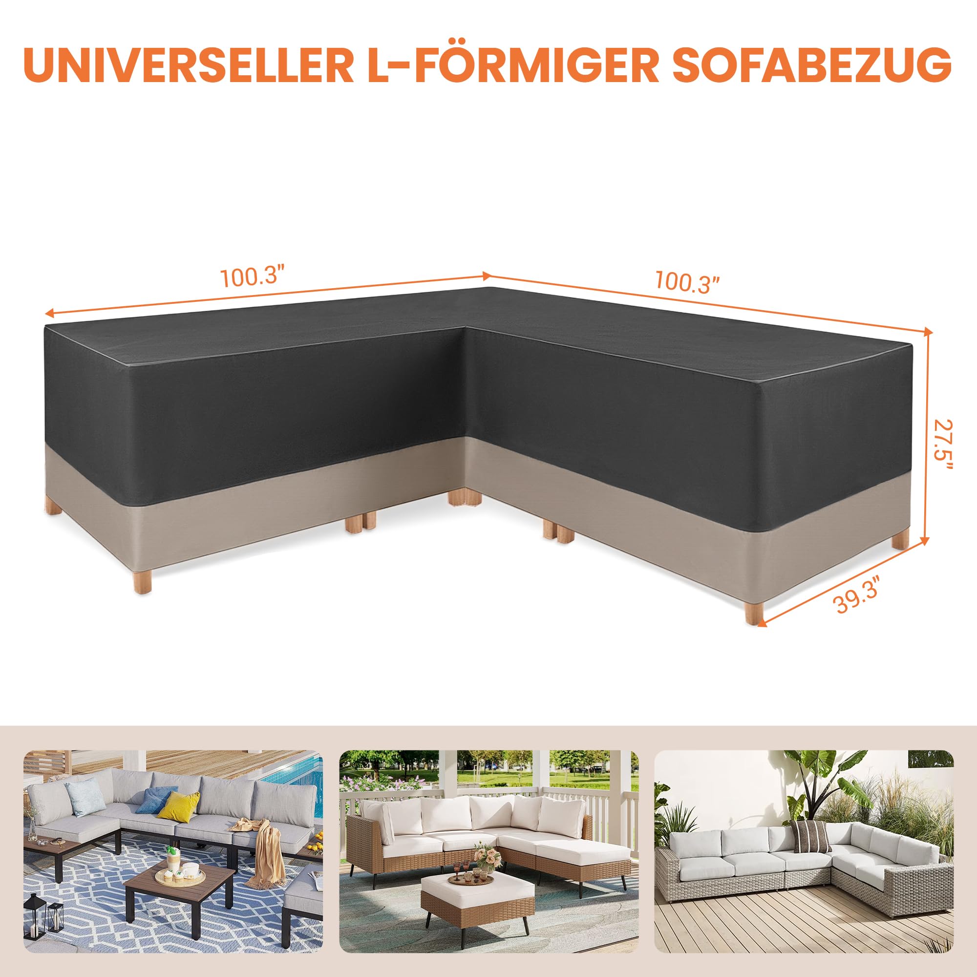 Gartenmöbel Abdeckung L-Form,Schutzhülle für Gartenmöbel,420D Oxford Gewebe Wasserdicht Winddicht Ecksofa Abdeckplane ,Möbbelsets Schutzhülle für Sofa, Loungemöbel 255x255x70CM