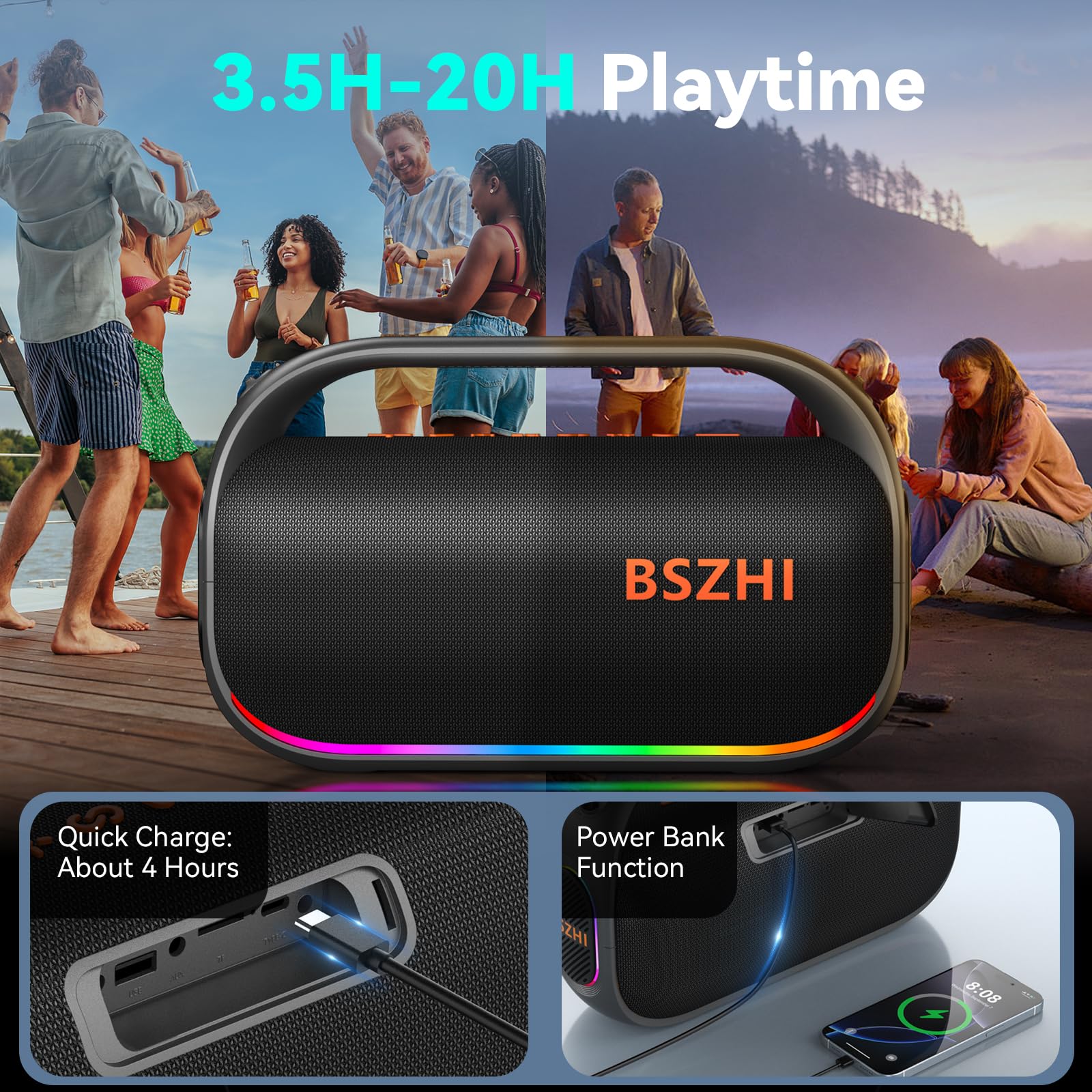 Altoparlante Bluetooth da 80 W (picco da 120 W), altoparlanti Bluetooth portatili IPX6 impermeabili, TWS wireless per esterni, feste, viaggi e campeggio in spiaggia con luce, BT5.0, scheda USB/TF, AUX