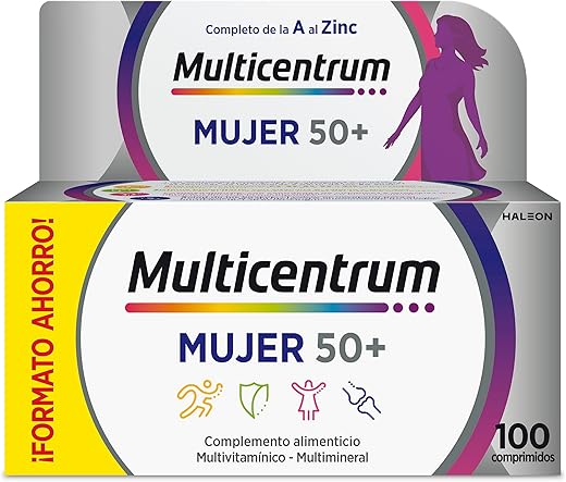 Multicentrum Mujer 50+ Complemento Alimenticio Multivitamínico y Multimineral Para Mujeres 50+, Postmenopausia, Con Calcio, Vitamina C y B, Sin Gluten, 100 Comprimidos