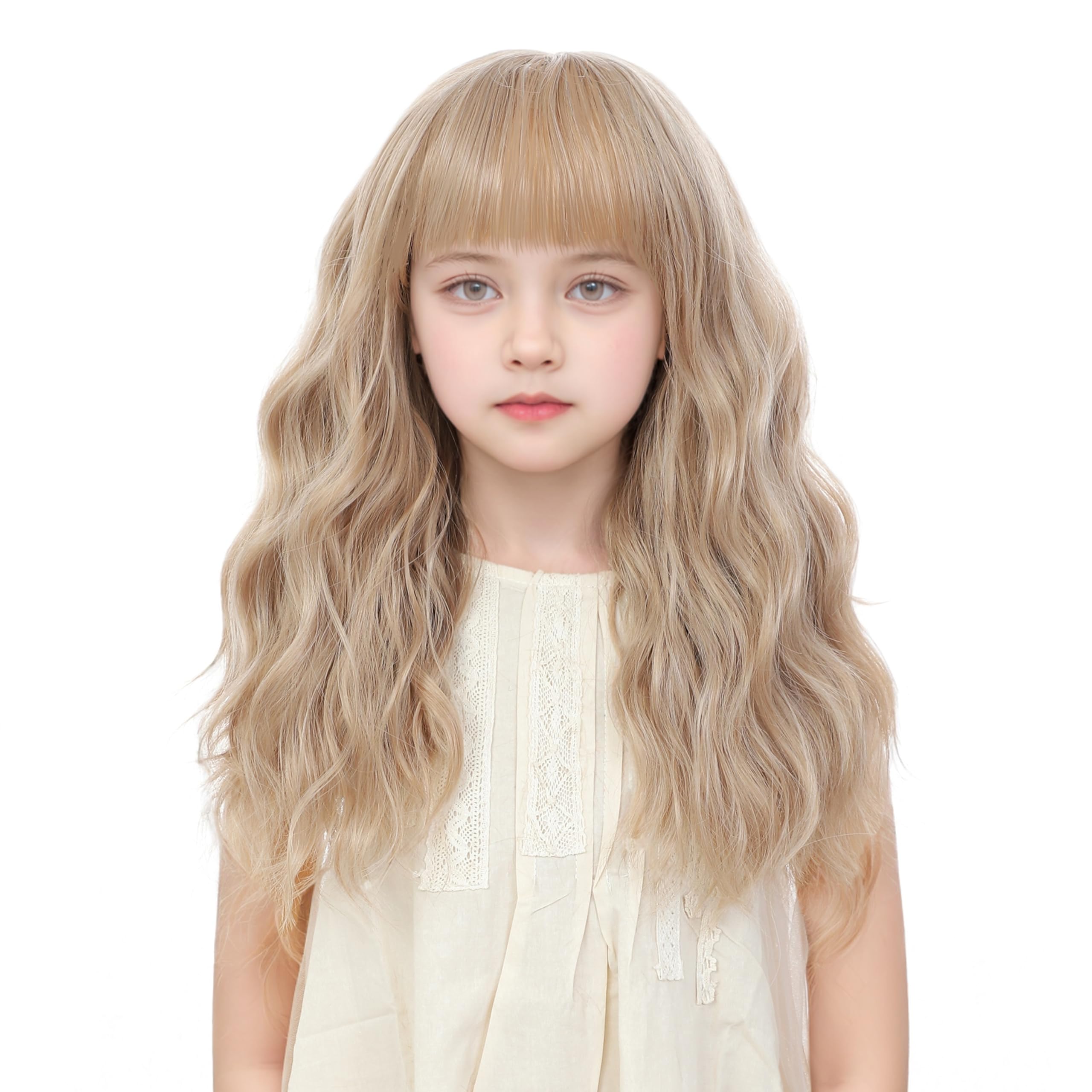 BUPPLER Kids Flax Blonde Wig with Bangs 14 Inch Halloween Cosplay Wigs for Kids Girls Wavy Hair Synthetic Wig with Upgraded Strands,Shoulder Length Wigs for Costume Parties (14 Inch,Flax Blonde)