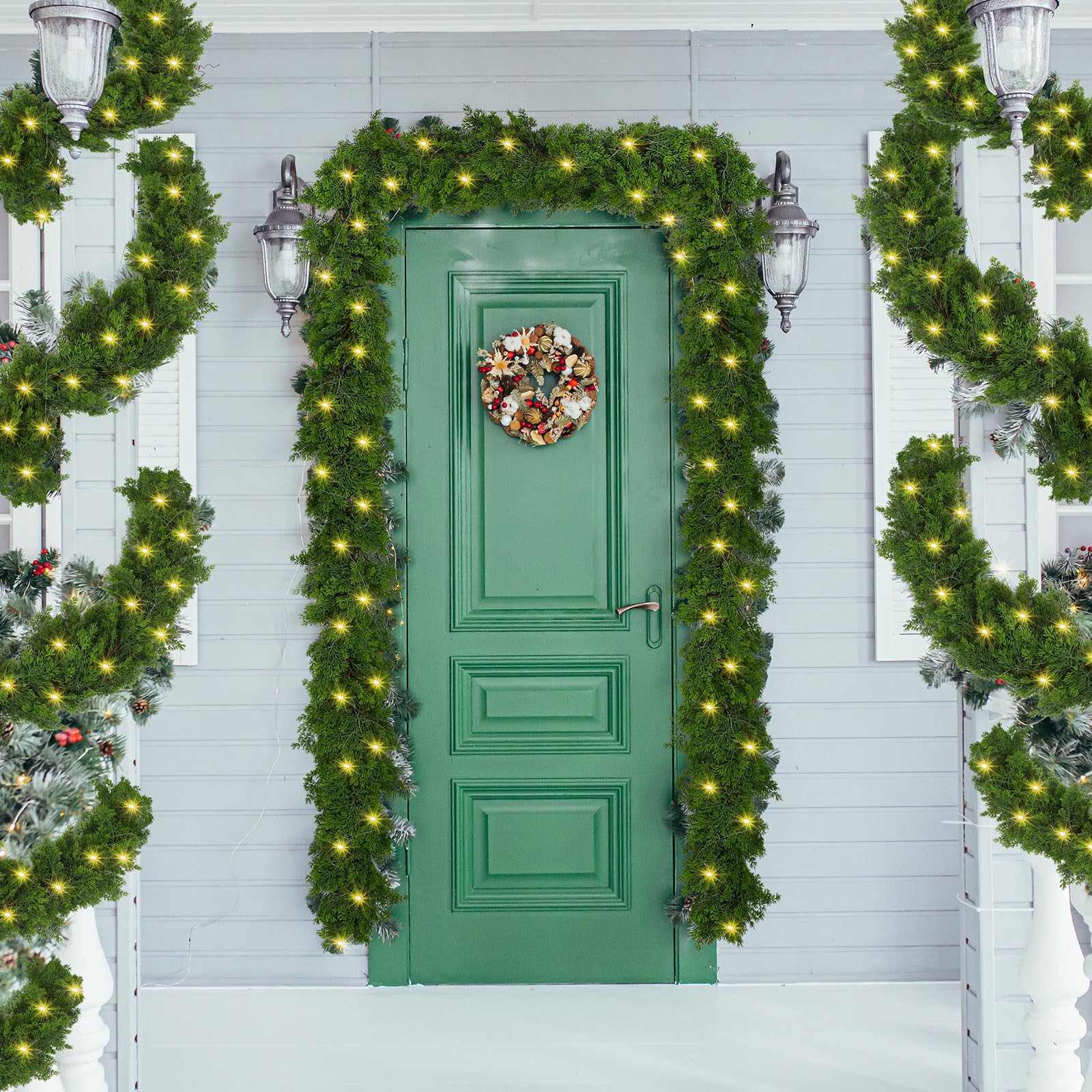 Sosation 31 ft Christmas Artificial Garland Cedar Garland Decorations with 3 Pcs 9.8 ft LED Lights String Greenery Xmas Pine Garland for Outdoor Indoor Xmas Table Mantle Stairs Fireplace Garden Decor