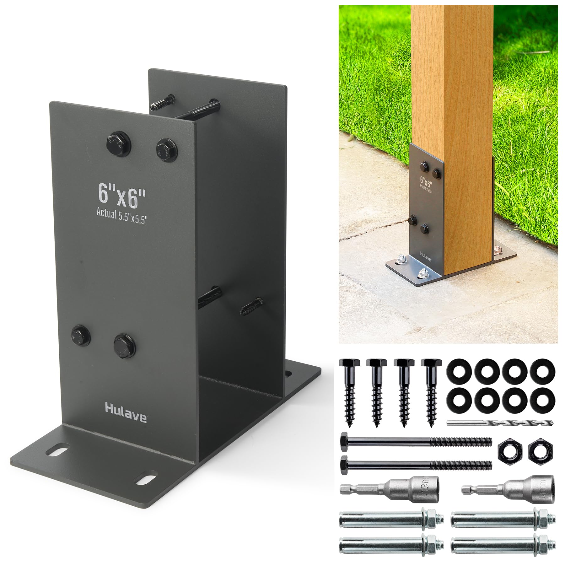 Hulave 2Pack Stainless Steel 6 x 6 (Actual: 5.5" x 5.5") Post Base, Suitable for Terrace Railing, Fence, Gazebo, Porch, etc Concrete Support Anchor