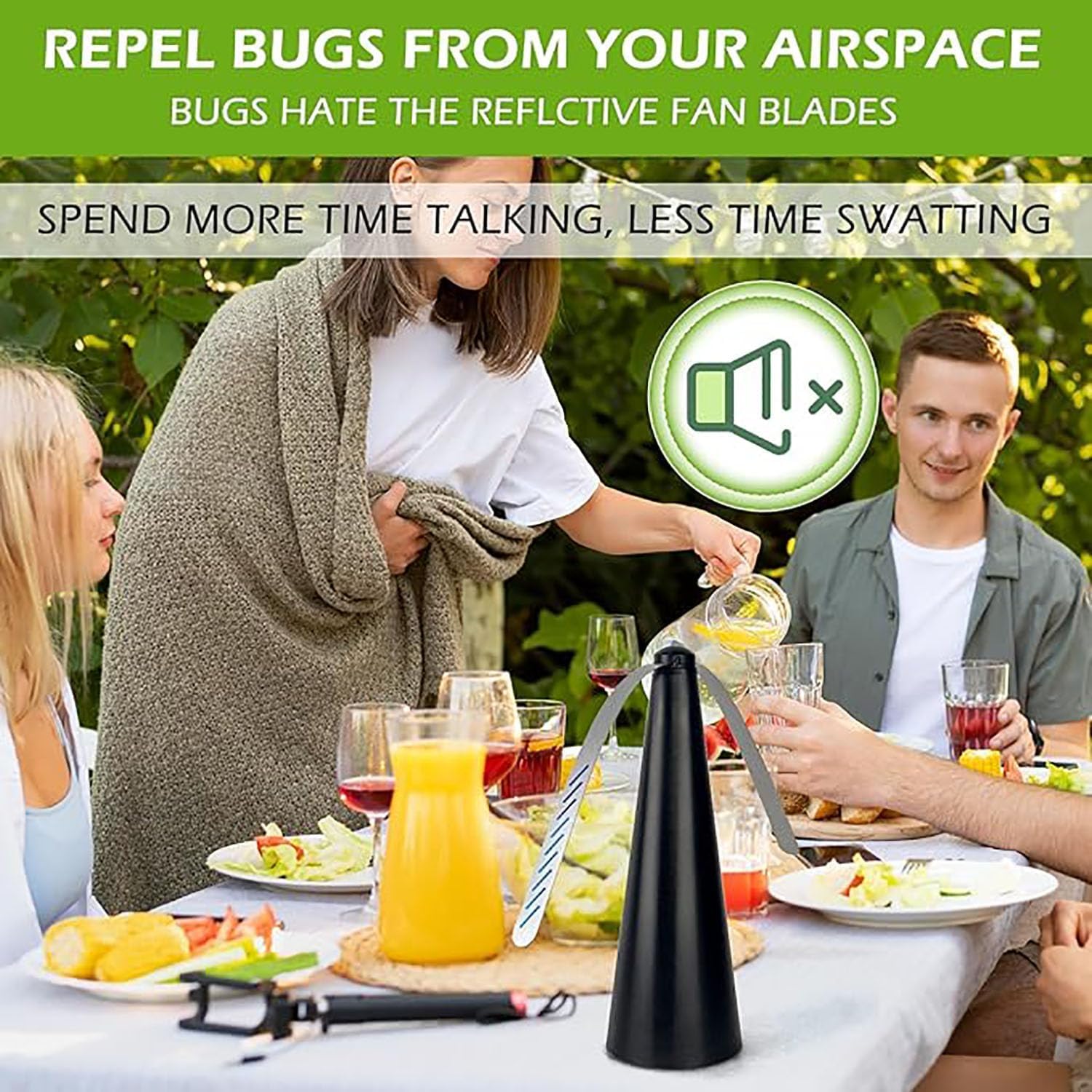 Confezione da 4 ventole repellenti per mosche da esterno, uso esterno o interno, da tavolo, ventilatori per mosche per patio, tengono lontani mosche e insetti, funzionamento a batteria, ventilatori