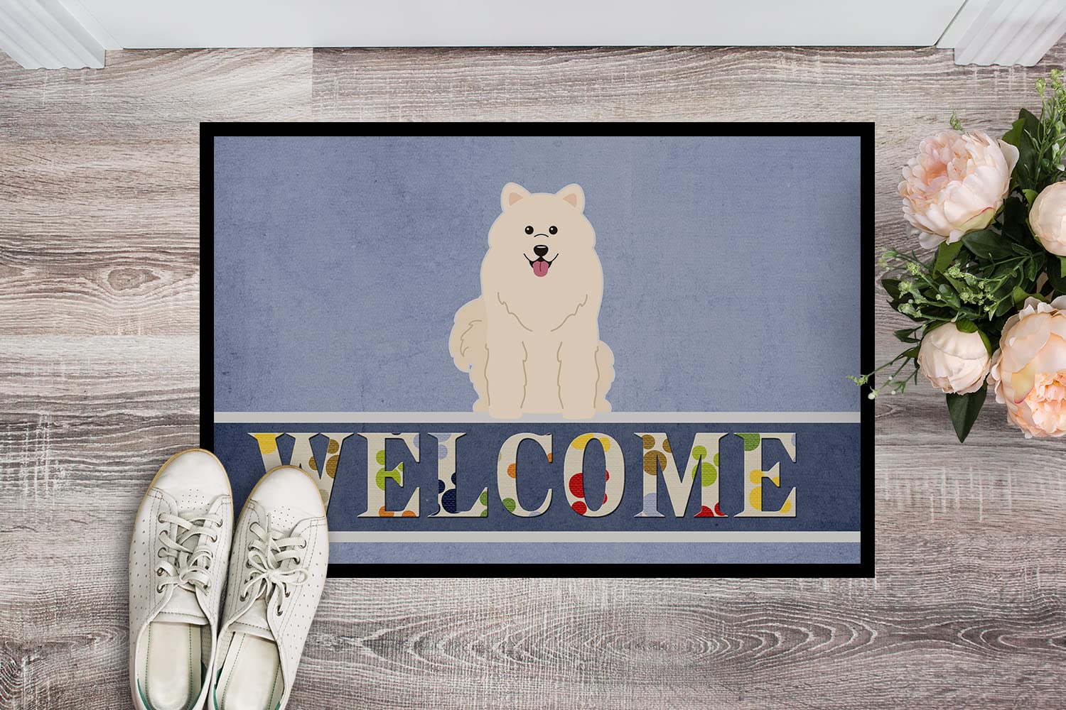 Caroline's Treasures BB5611MAT Samoyed Welcome Doormat 18x27 Front Door Mat Indoor Outdoor Rugs for Entryway, Non Slip Washable Low Pile, 18H X 27W