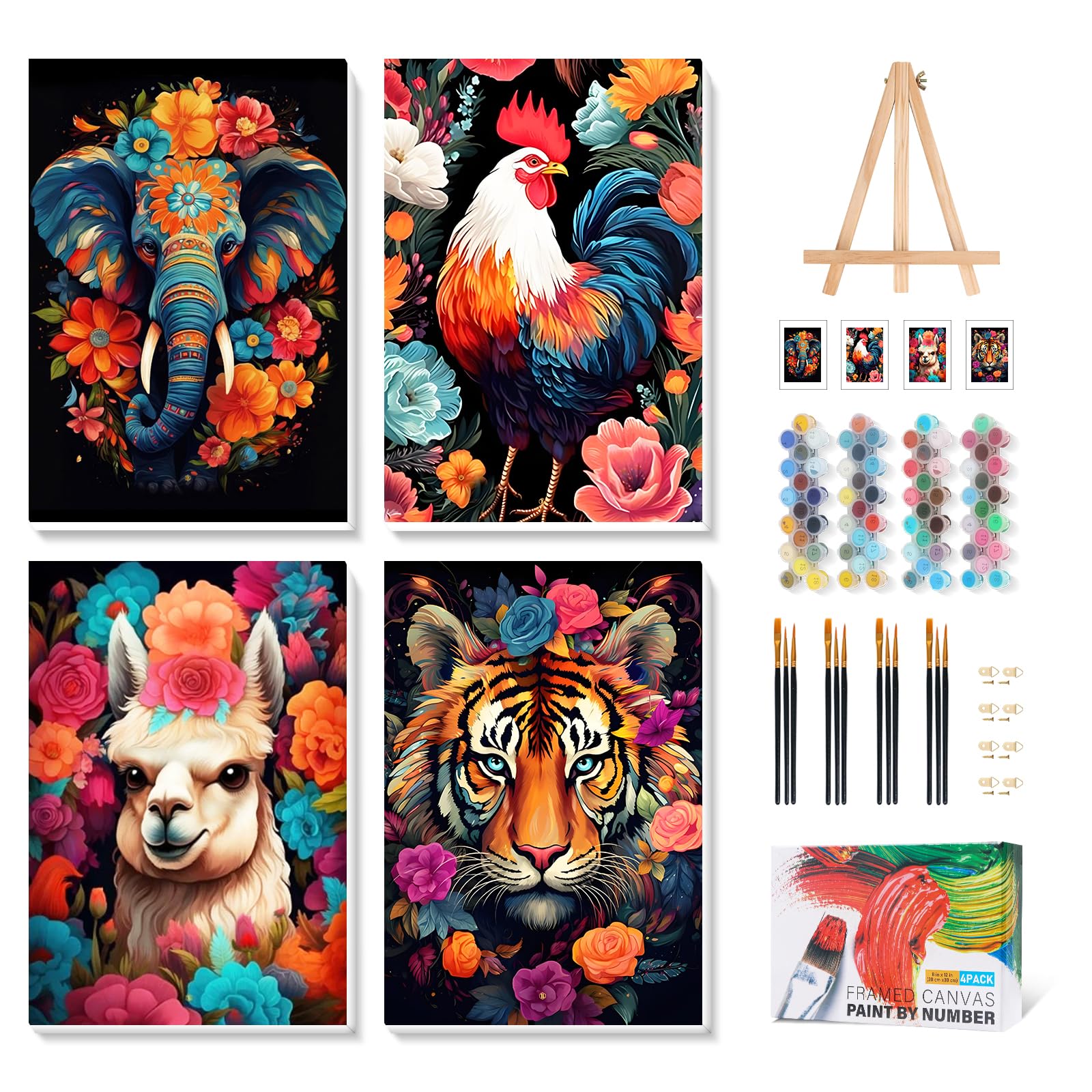 4 Pack Paint by Numbers for Adults with Frame, Animals Paint by Numbers with Wooden Easel for Beginner, Elephant Lion Adult Painting by Number Canvas Kits with Framed for Gift Home Decor 8 x 12 Inch