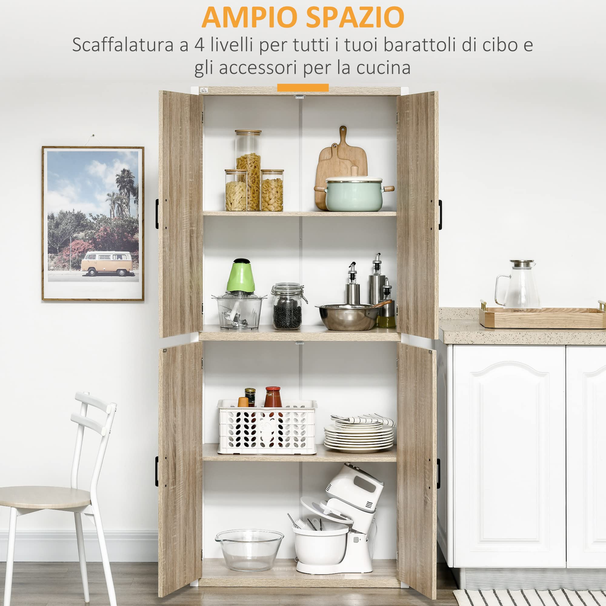 HOMCOM Credenza Cucina con 4 Ripiani Regolabili, Mobile Cucina Dispensa in Legno MDF, 4 Porte e Dispositivo Antiribaltamento, 80x40x182cm, Color Legno e Bianco