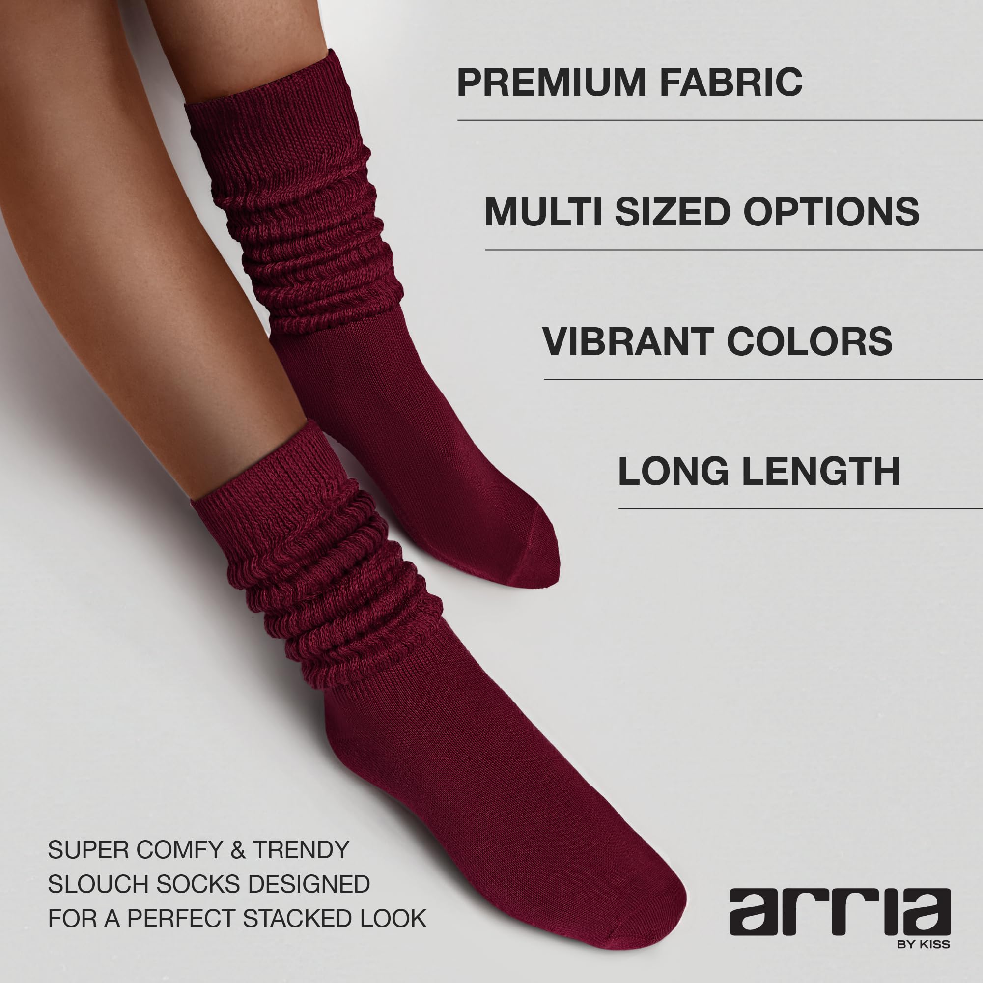 ARRIA Slouch Socks – Women’s Cute Trendy, Soft Ribbed Medium Thickness, All Seasons, Classic Solid Colors, Boot Sock, Pilates Barre Yoga Wear, Breathable Cozy Wide Crew Socks (Large, Burgundy)
