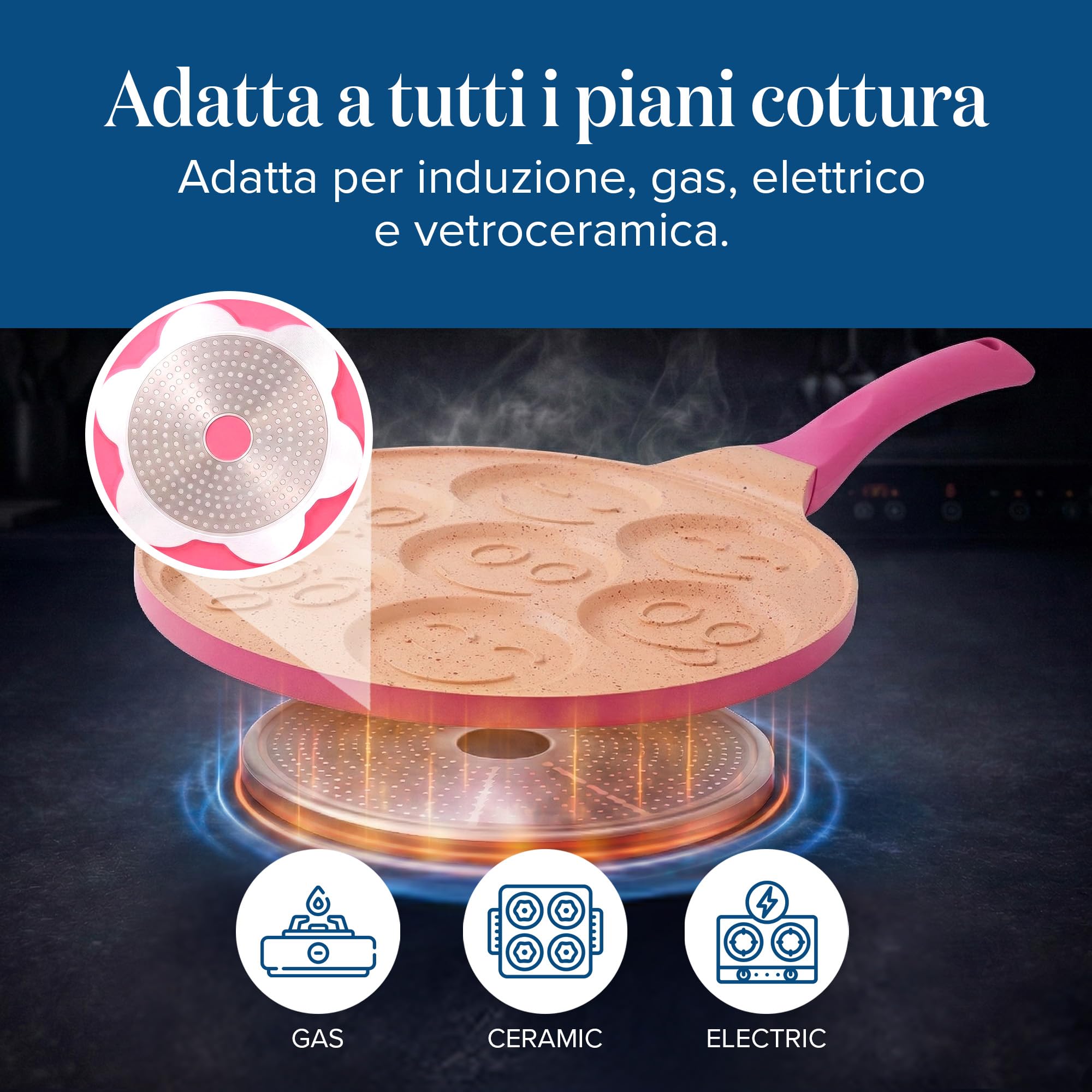 Joeji's Kitchen Teglia per pancake a 7 fori 26,5 cm Smiley - Alluminio antiaderente leggero - Induzione elettrica a gas - Mini pancake pancake crêpe - Cucina divertente per bambini - Rosa