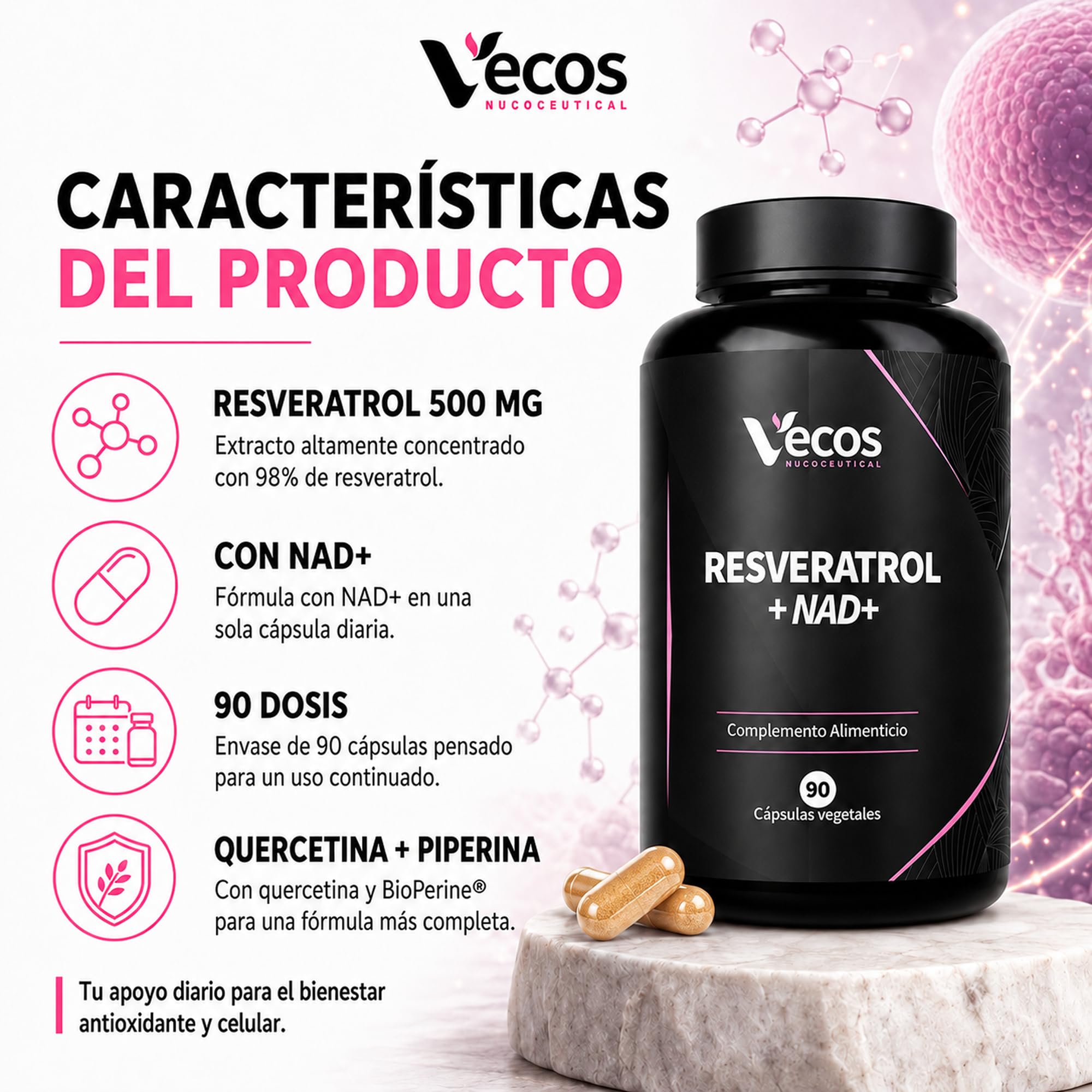 Resveratrol con NAD+, Quercetina y Bioperine – Energía Celular y Antioxidante Avanzado – 90 Cápsulas Veganas (180 Cápsulas (2 Botes))