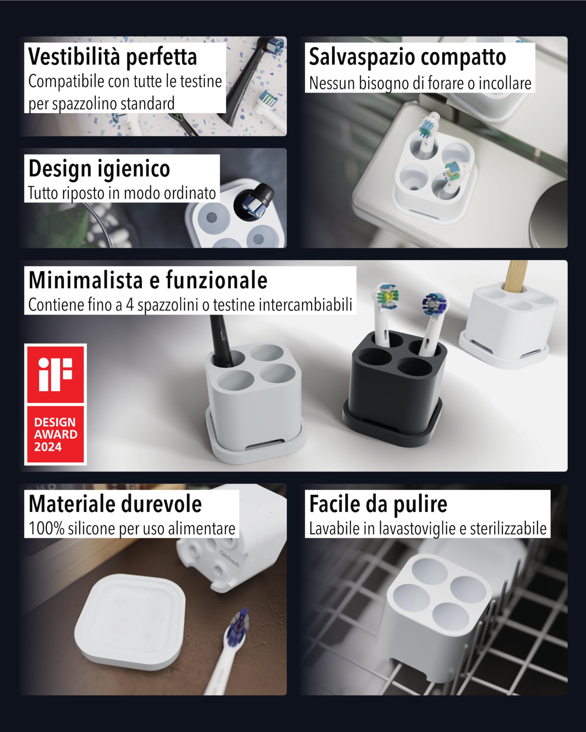Qikfresh - Supporto per 4 testine e spazzolini elettrici - Compatibile con Oral-B, iO, Philips Sonicare, Waterpik, Fairywill - In silicone alimentare (Bianco)