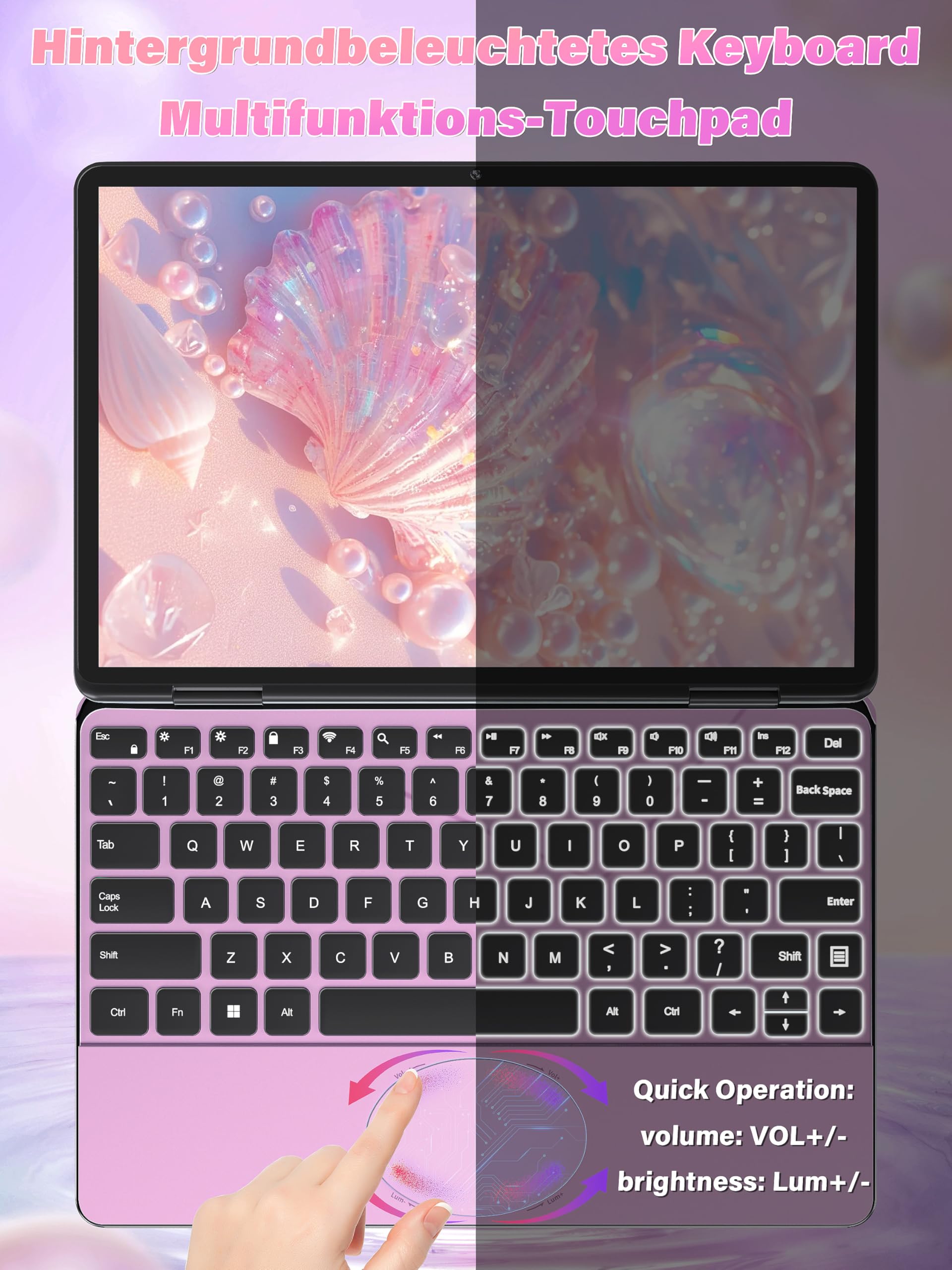 2026 11 Zoll 2in1 Laptop mit 360° Touchscreen, N100 Quad-Core CPU [beat N95 / N5095], 16GB DDR4 RAM, 1TB SSD, FHD IPS Display, Backlit Tastatur, leicht & mobil Notebook PC, Roségold
