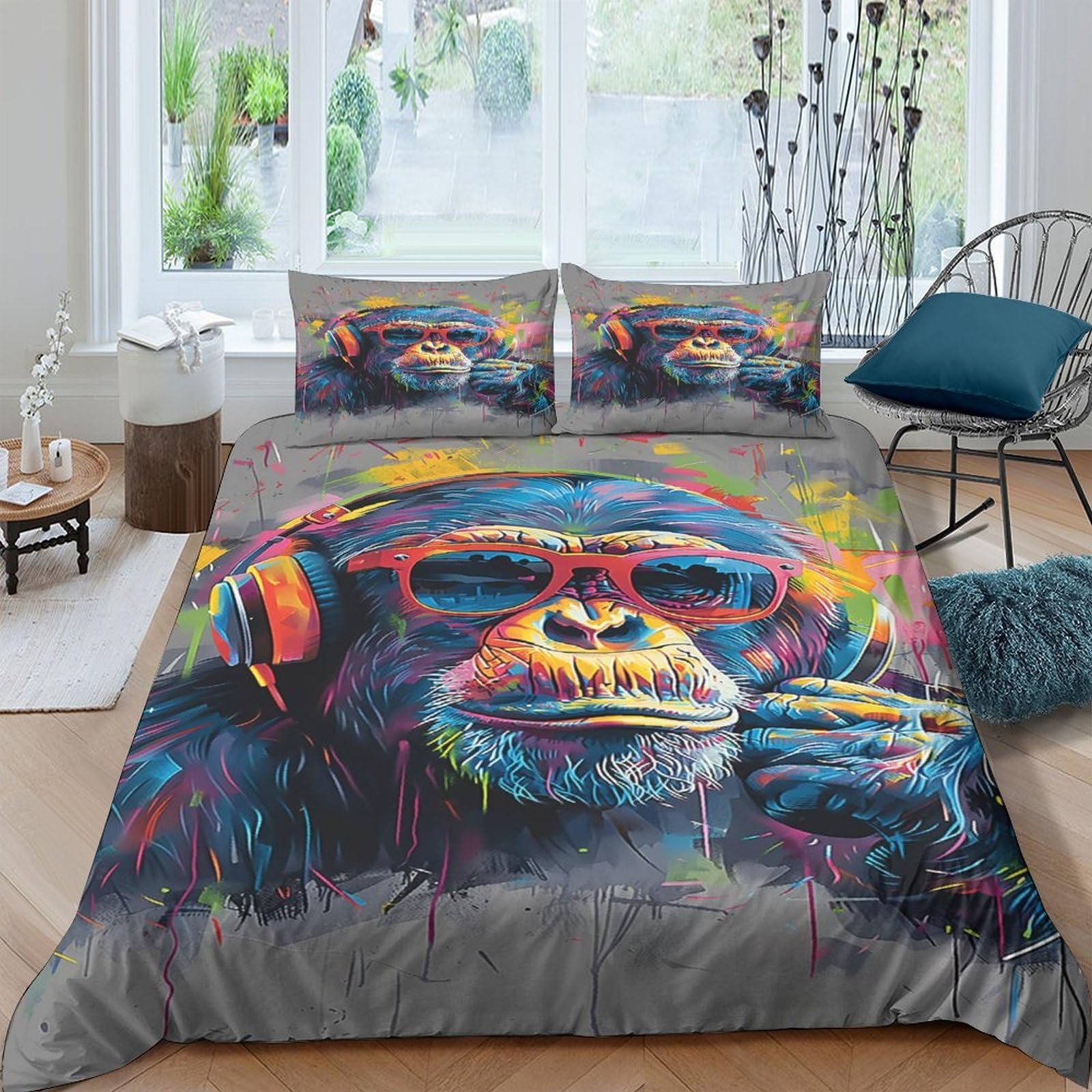 Ctjqhvkz Style-1 3D Printed Colourful Headphone Chimp Fitted Sheet Microfiber Soft Bedroom Decor Artistic Monkey Bed Cover Single（135X200cm）