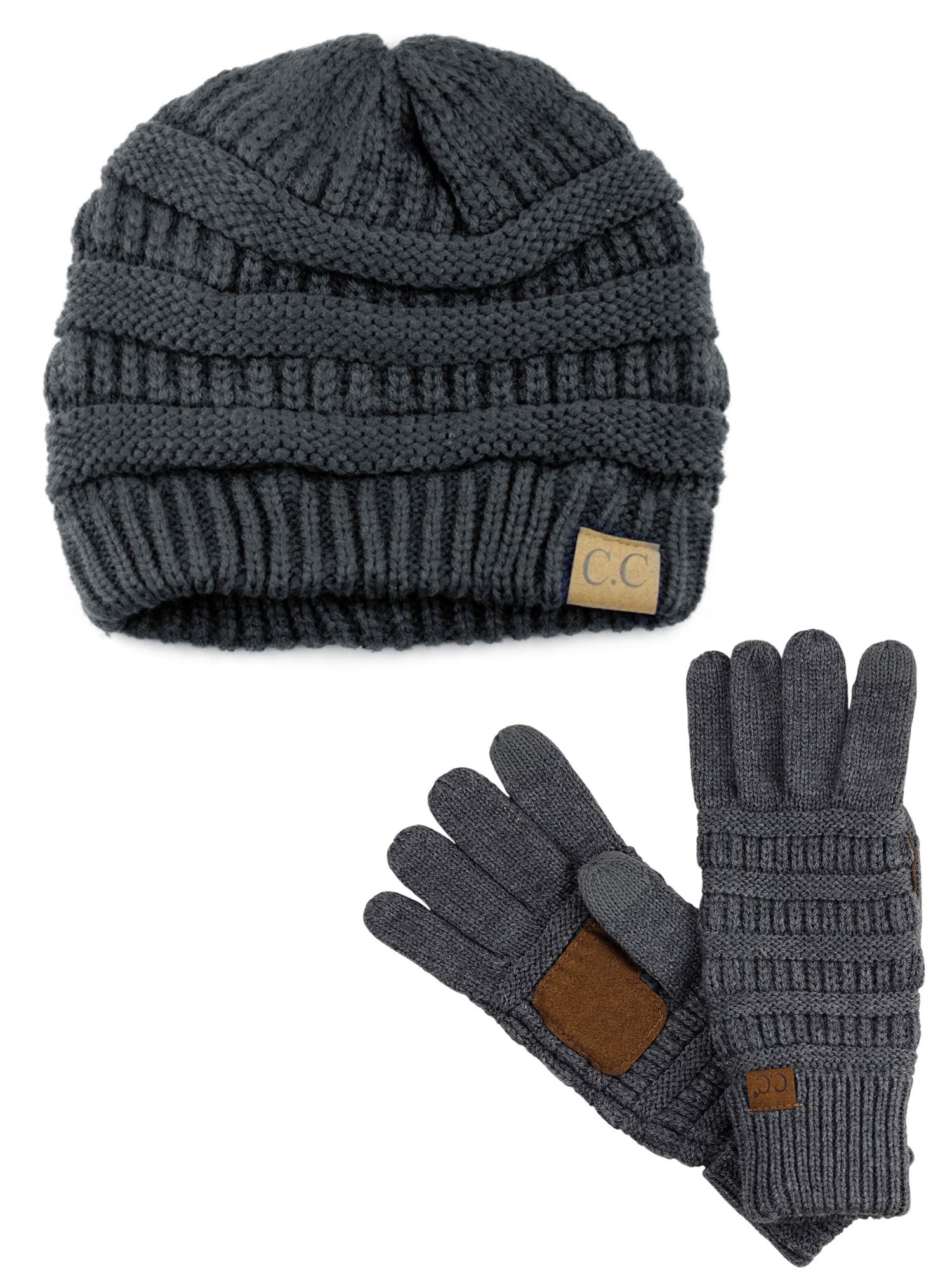 C.CUnisex Soft Stretch Cable Knit Beanie and Anti-Slip Touchscreen Gloves 2 Pc Set 2 Pc Set