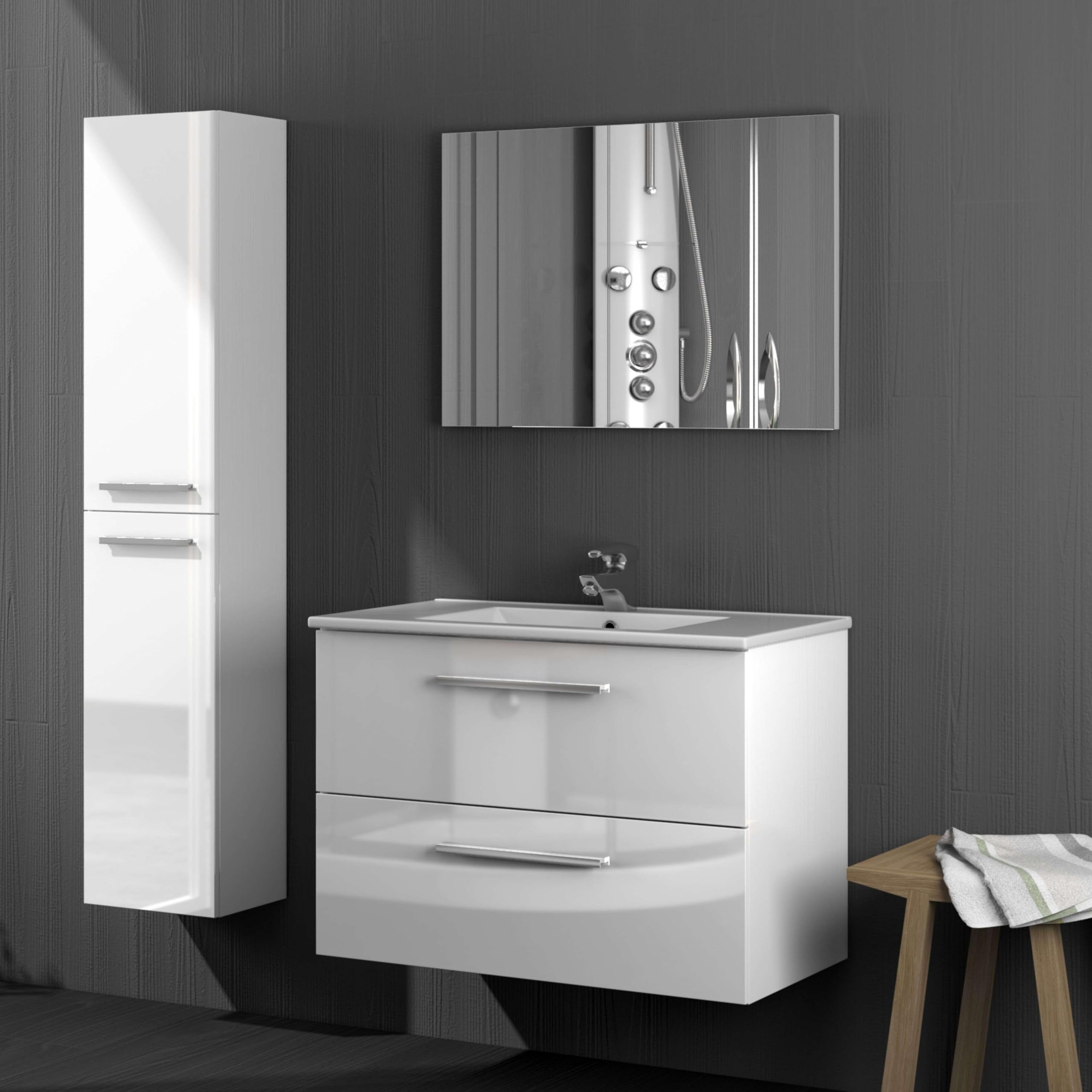 Miroytengo Mueble de Baño Suspendido Aruba Estilo Contemporáneo en Color Blanco con 2 Cajones y Espejo 80x45x57 cm (Sin Lavabo)