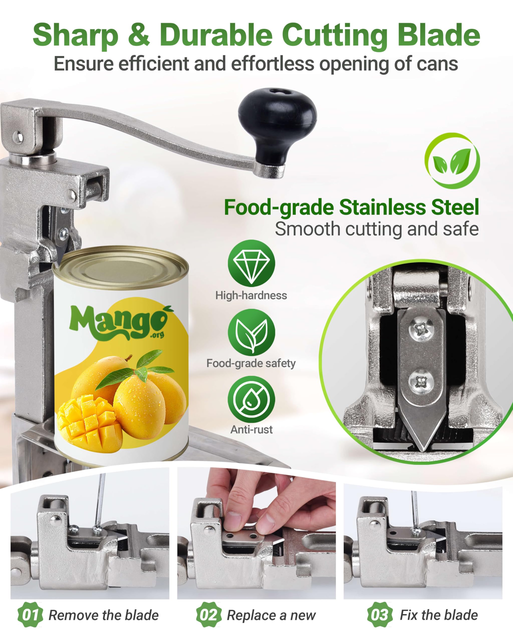 Abrelatas comercial resistente – Abrelatas manual de mesa abre latas de hasta 11 pulgadas de alto, abrelatas industrial con base de acero chapado para restaurante, tienda de alimentos, hotel, bar