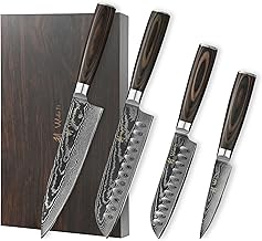Wakoli EDIB Essentials Sharp Damask Kitchen Knife Set - Chef's Knife, Santoku & Vegetable Knife - Chef's Knife Made of 67 Layers Damascus Steel VG10 Core 60±1 HRC - Pakka Wood Handle - Kitchen Knife in Wooden Box