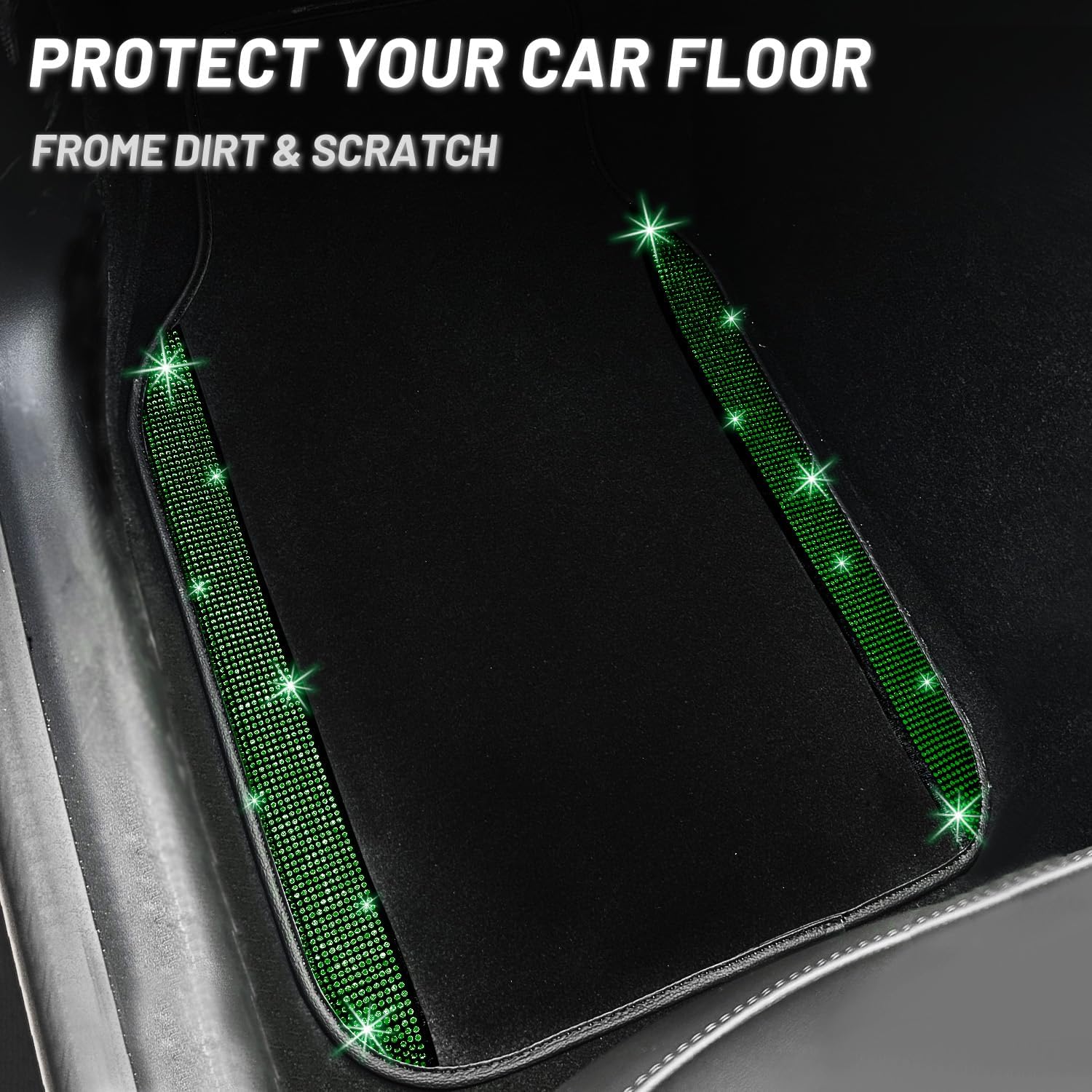 NBTEPEM Bling Car Floor Mats Full Set, Universal Fit Most Cars,SUV, Trucks, 4 pcs Sparkle Glitter Diamond Carpet for Women Girls with Anti-Slip Pad (Green Diamond) - Image 8