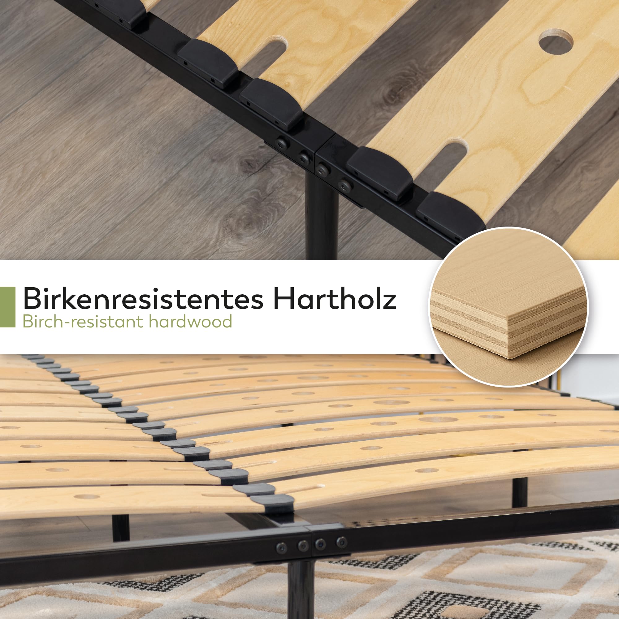 i-flair Metallbett Austen 140x200 cm – stabiles Bettgestell mit perforierten Latten aus Birkenholz für optimale Belüftung, Gästebett aus Metall mit 27 cm Stauraum, Doppelbett in schwarz