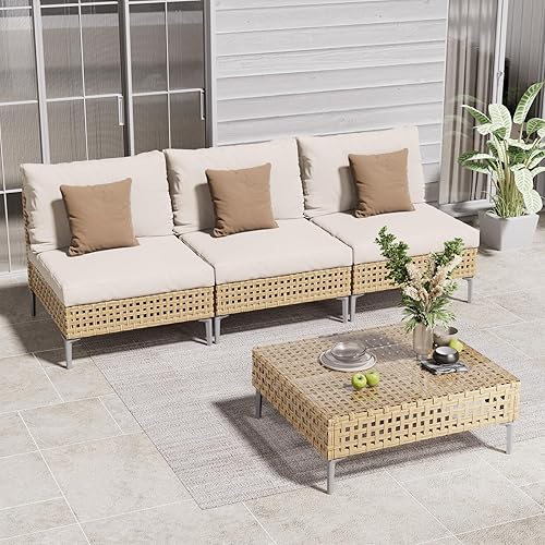 Miniatura 27 de Grand patio Juego de muebles de mimbre de patio de 3 piezas, juego seccional de sofá de conversación para exteriores estilo boho con cojines gruesos