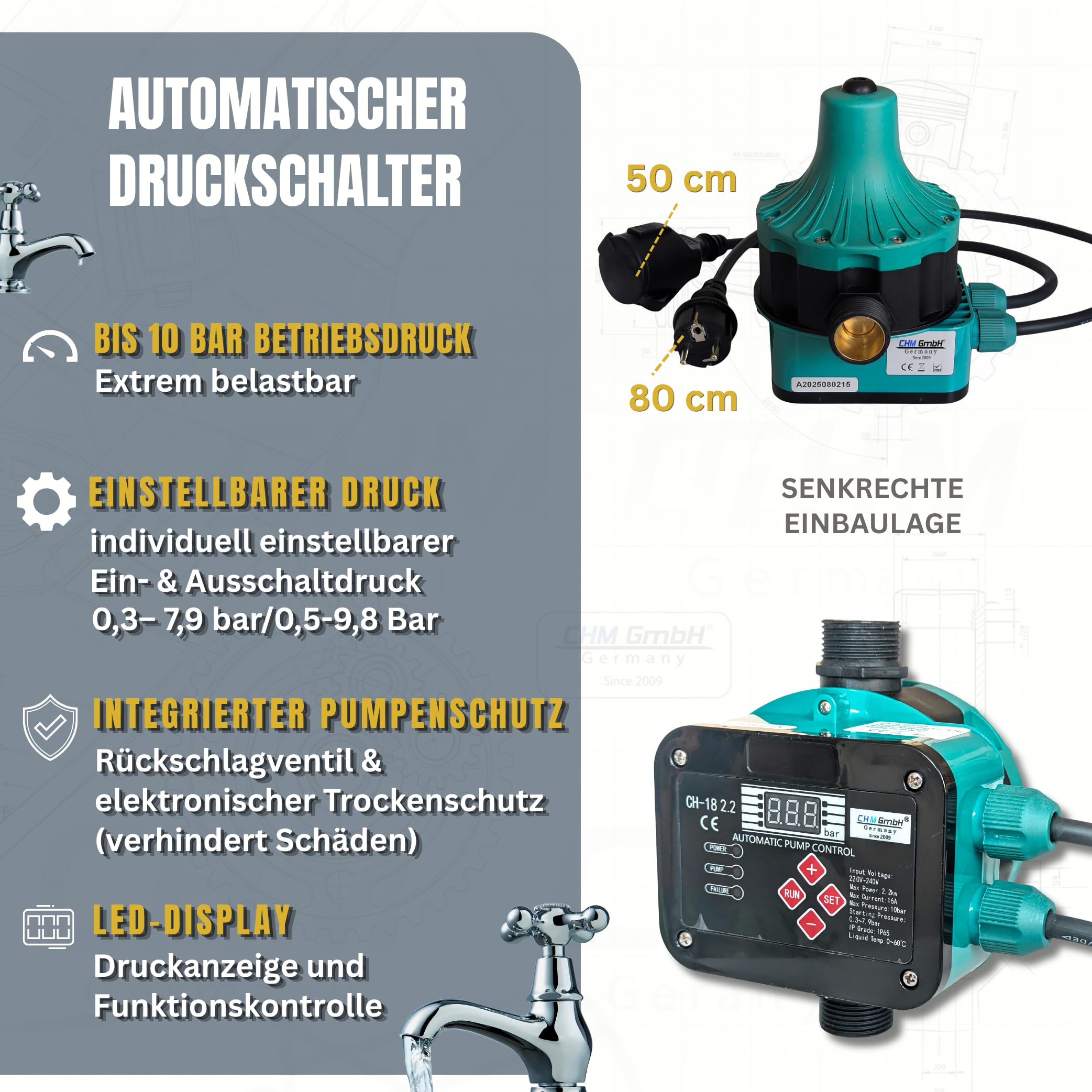 Pumpensteuerung Druckschalter CH 18 (EIN- und Abschaltdruck einstellbar) mit Trockenlaufschutz für Pumpen bis 2,2 Kw