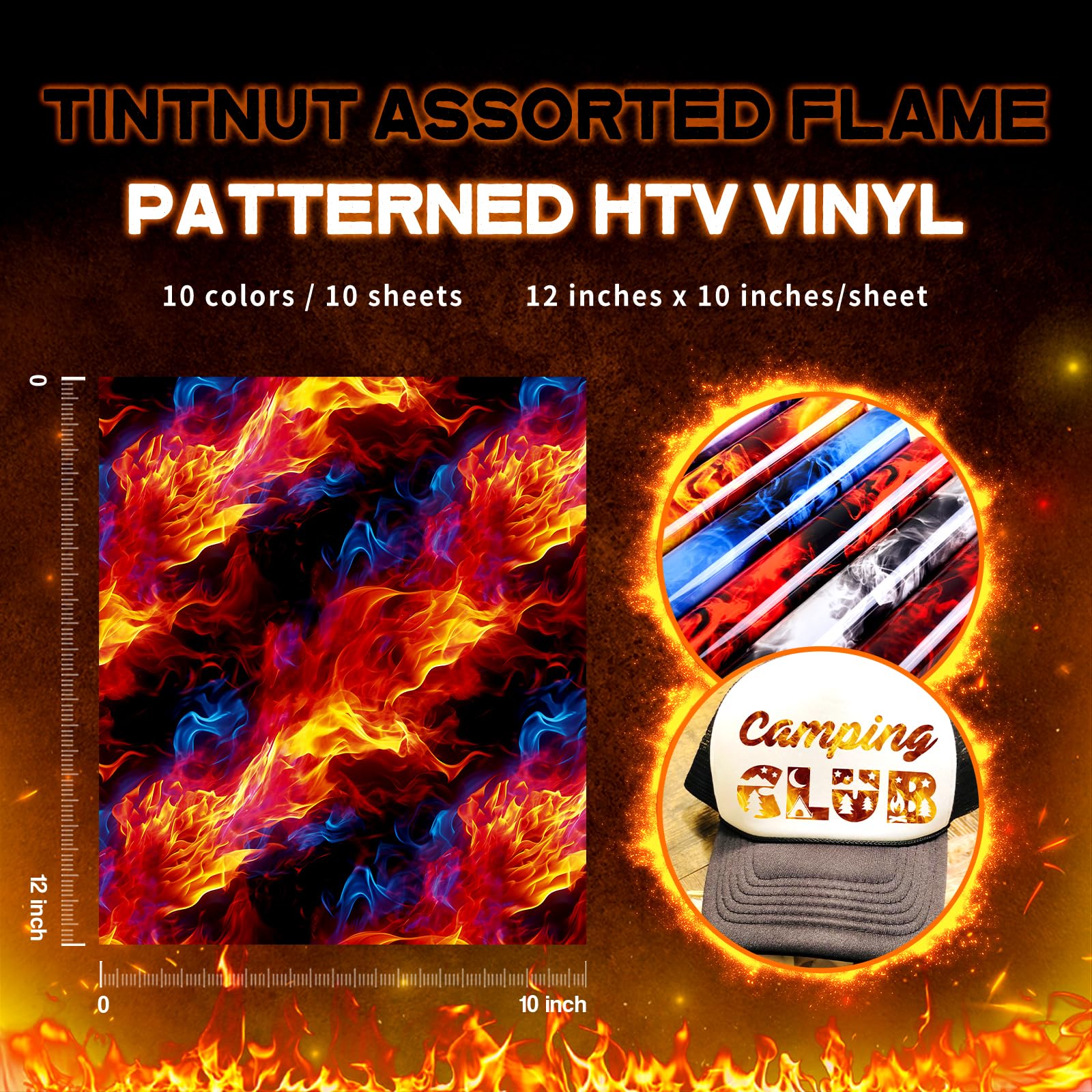 Tintnut Vinilo de transferencia de calor de llama colorida, 12 x 10 pulgadas, 10 hojas de vinilo termotransferible para camisetas, sombreros, ropa, bricolaje