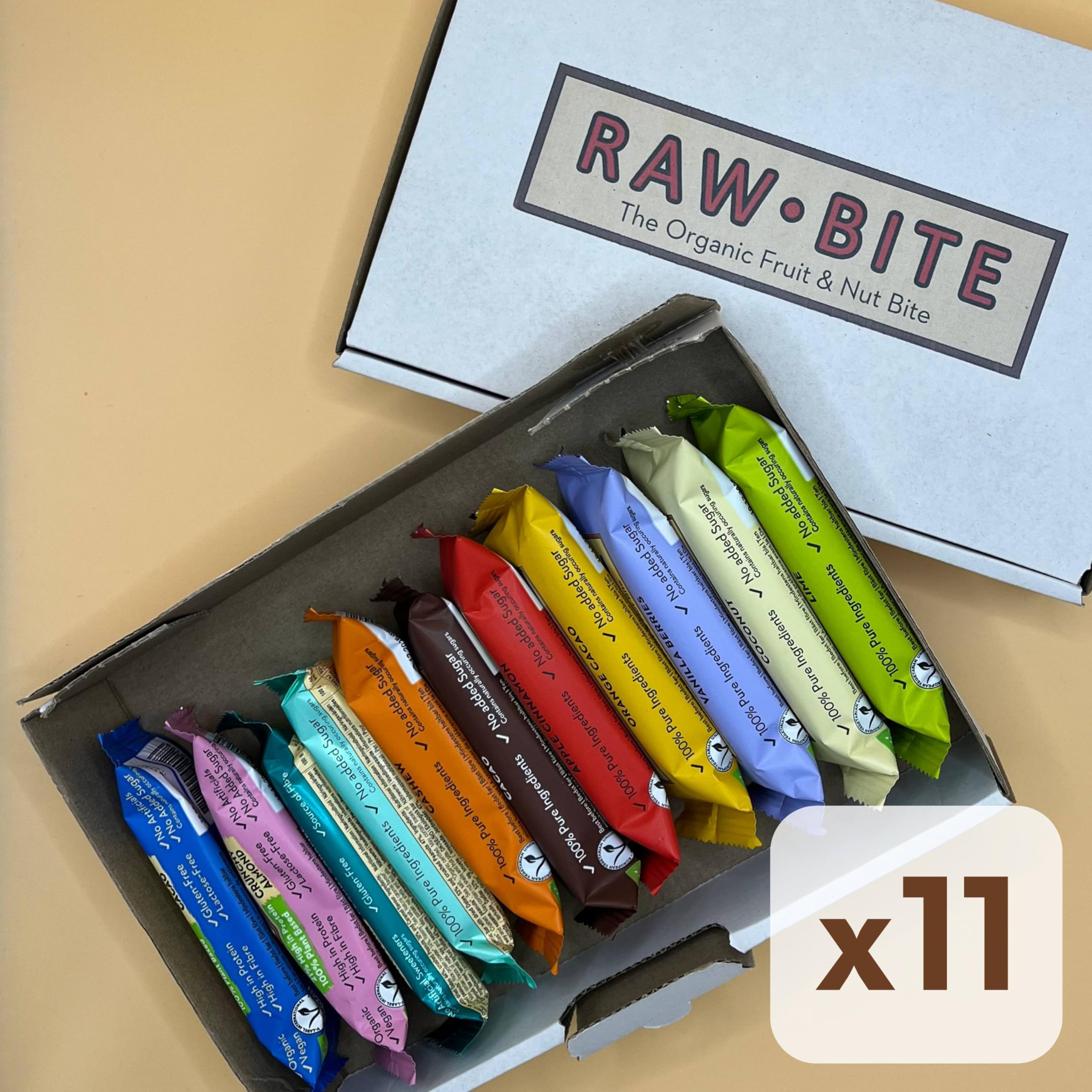 RAWBITE Riegel PROBIERBOX I 11 Bio Nuss-Riegel in Vorteilsbox I verschiedene Sorten I Datteln und Nüssen I Vegan, glutenfrei, laktosefrei I enthält von Natur aus Zucker I 11 x 45-50g