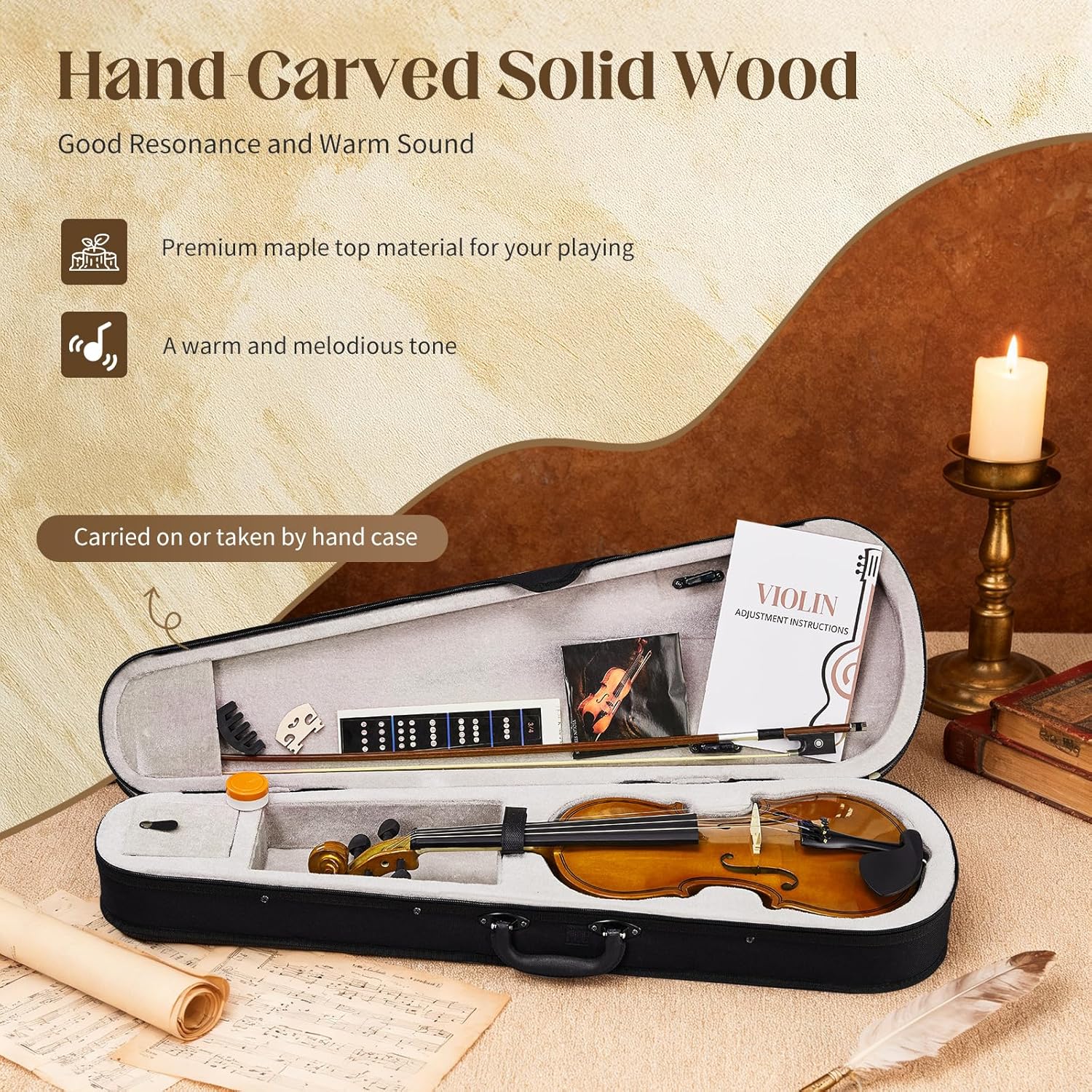 Ktaxon Full Size Violin, 3/4 Acoustic Violin with Portable Case, Finger Guide Sticker, Polishing Cloth,Mute, Extra Set Violin String, Shoulder Rest, Rosin and Bow