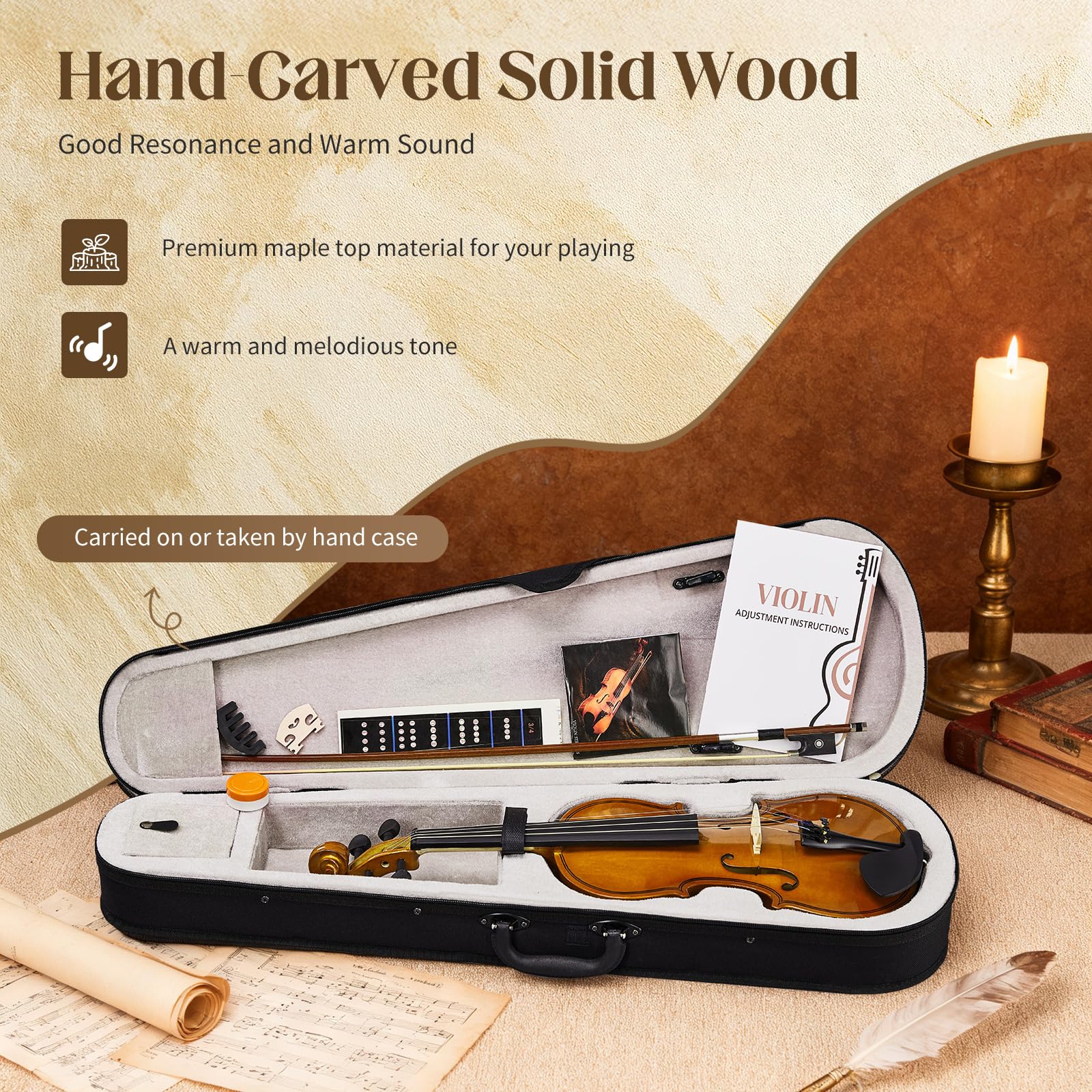 Ktaxon Violino full size, violino acustico 1/2 con custodia portatile, adesivo guida per dita, panno per lucidatura, muto, set extra di corde per violino, spalliera, colofonia e archetto