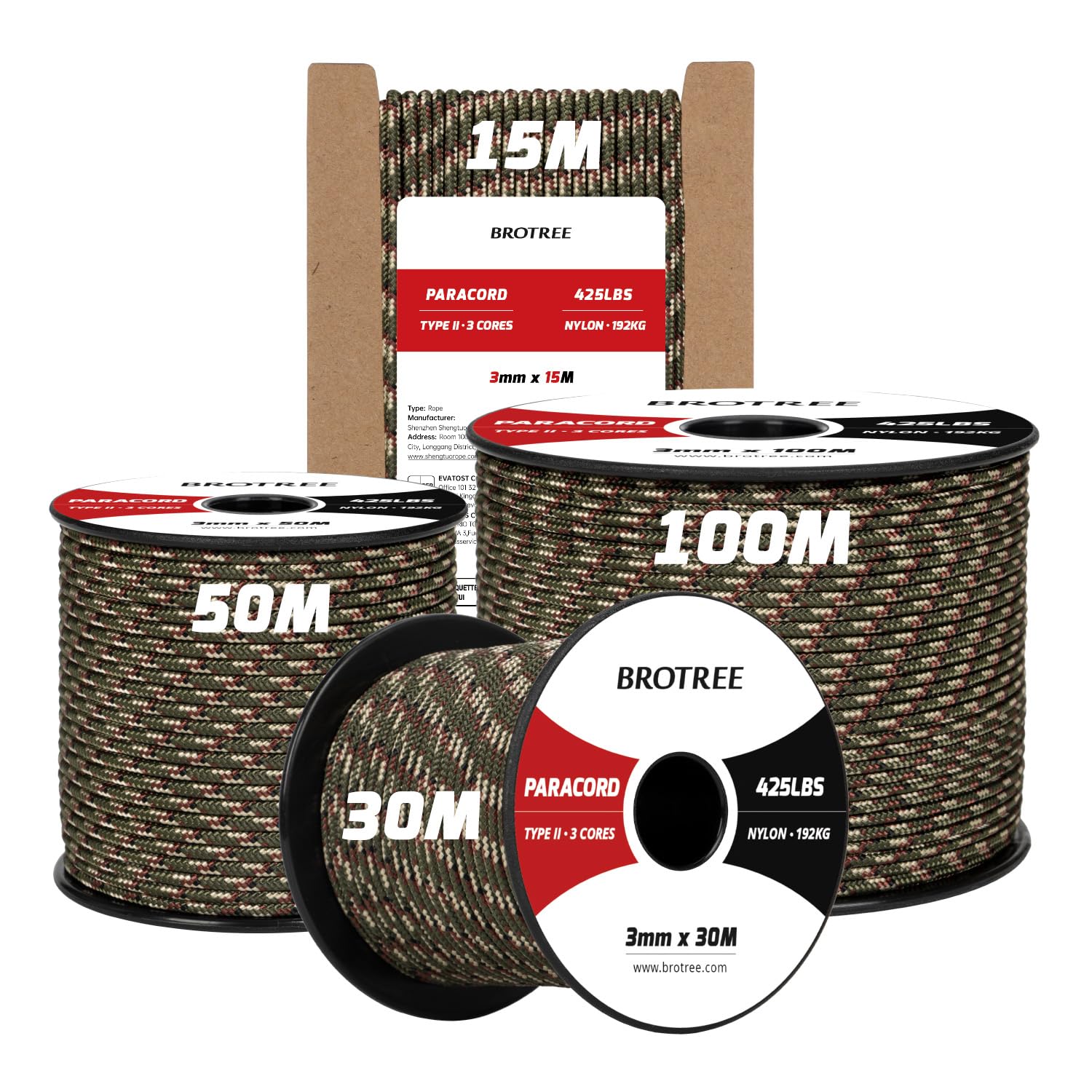 Brotree Forest Camo 3Mm Paracord 425 100% Nylon 15M Rope 3 Strands Type Ii Parachute Cord For Outdoor, Craft, Diy - 192Kg Breaking Load (Forest Camo)