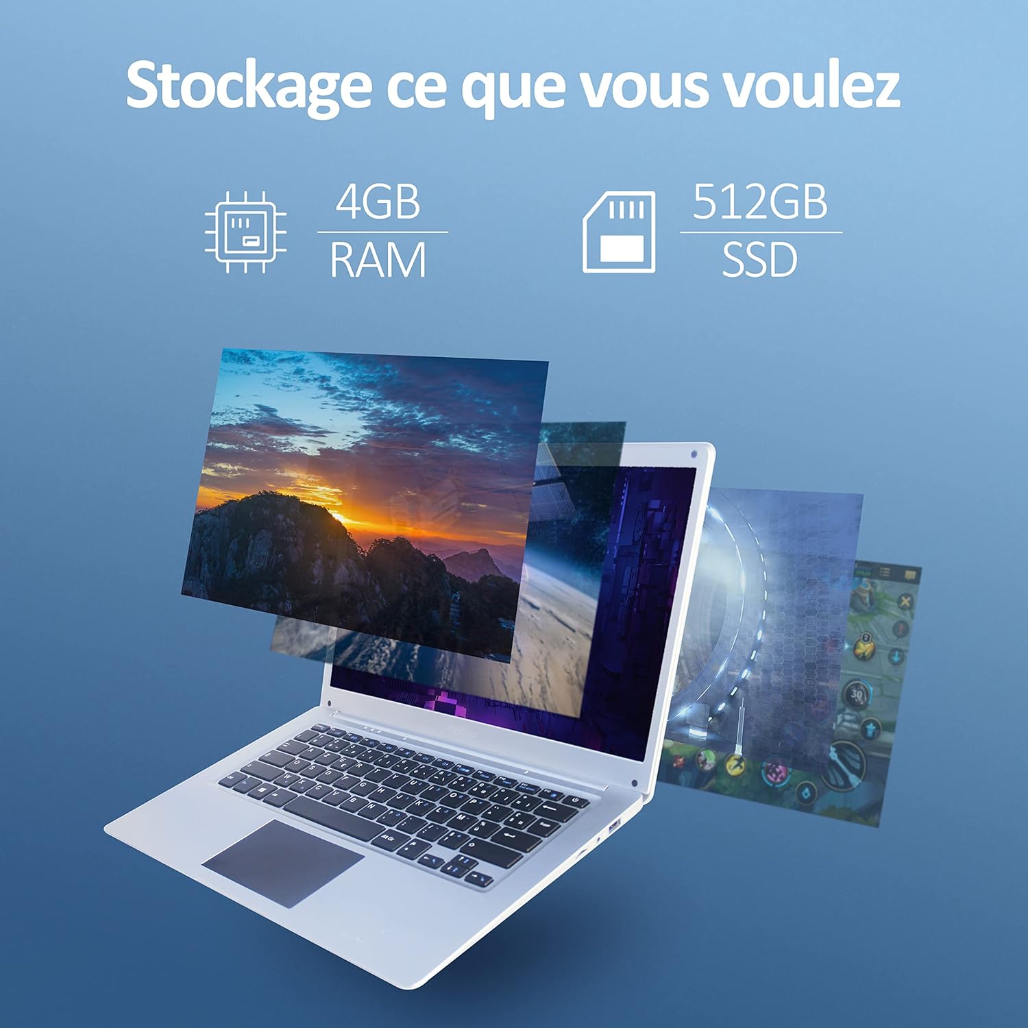 BYYBUO Laptop 14,1 pollici Full HD, Processore Intel Celeron, RAM 4GB EMMC 64GB SSD 512GB, Windows 11 PC, WiFi, USB 3.0, BT 4.0, Azerty Tastiera French, Silver French, Silver