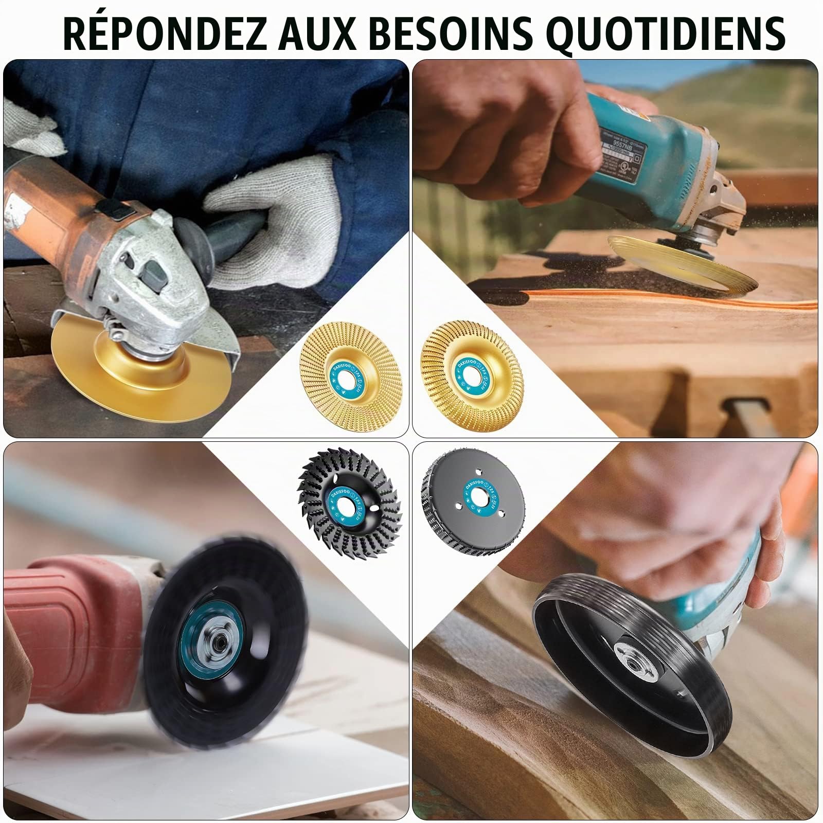Disques Abrasifs Bois 125mm DAXIEFOO Jeu de 4 Disques Abrasifs, Disque de Sculpture sur Bois pour Meuleuse d'angle, Disques de Sculpture, Disque de Coupe, Disque de Meulage