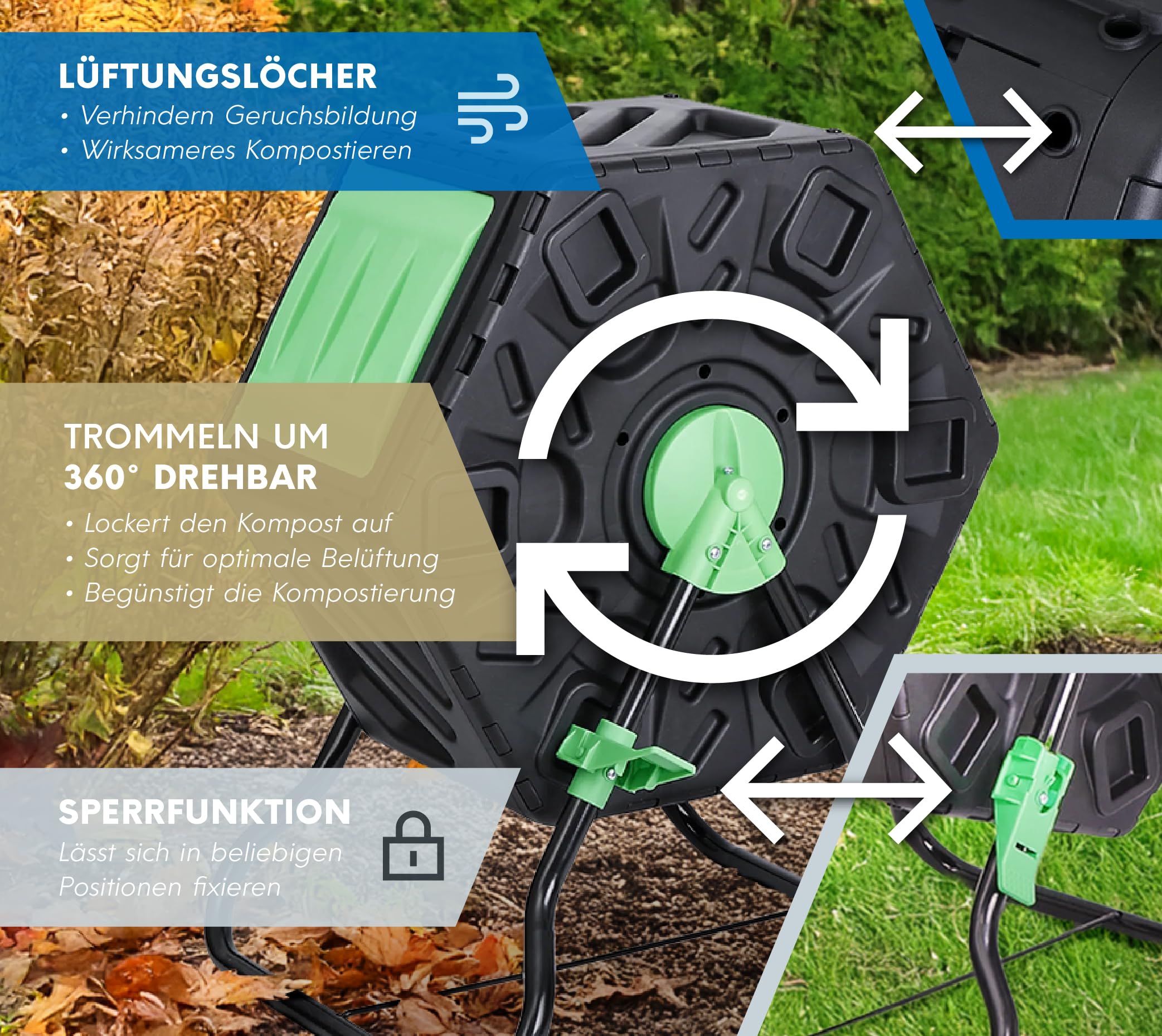 Westmann Kunststoff Trommelkomposter Humus | 60 L rotierender Komposter | Mobiler Kompostierer für Gartenabfälle | 360° drehbar | Rückenschonend & platzsparend | Grün | 60x74x36 cm