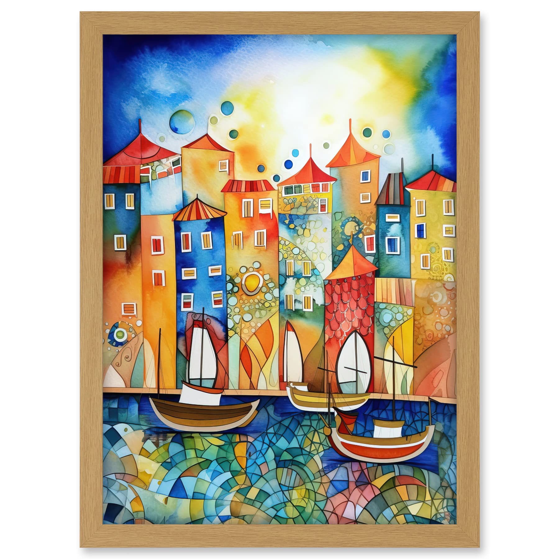 Artery8 Abstract Sailing Seafront Folk Art Artwork Framed A3 Wall Art Print