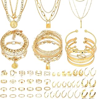 Gold Jewelry Set For Women,14k Gold Plated Multi Layer Necklaces Bracele...