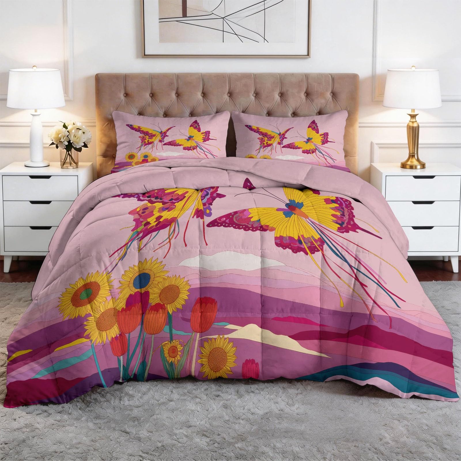 Single Size Coverless Duvet Set 7.5Tog, Romantic Theme Animals Butterflies Printed Design with Matching Pillow Case Reversible All Year Round Quilt - Hypoallergenic Bed Cover Bedding135 x 200 cm, Pink