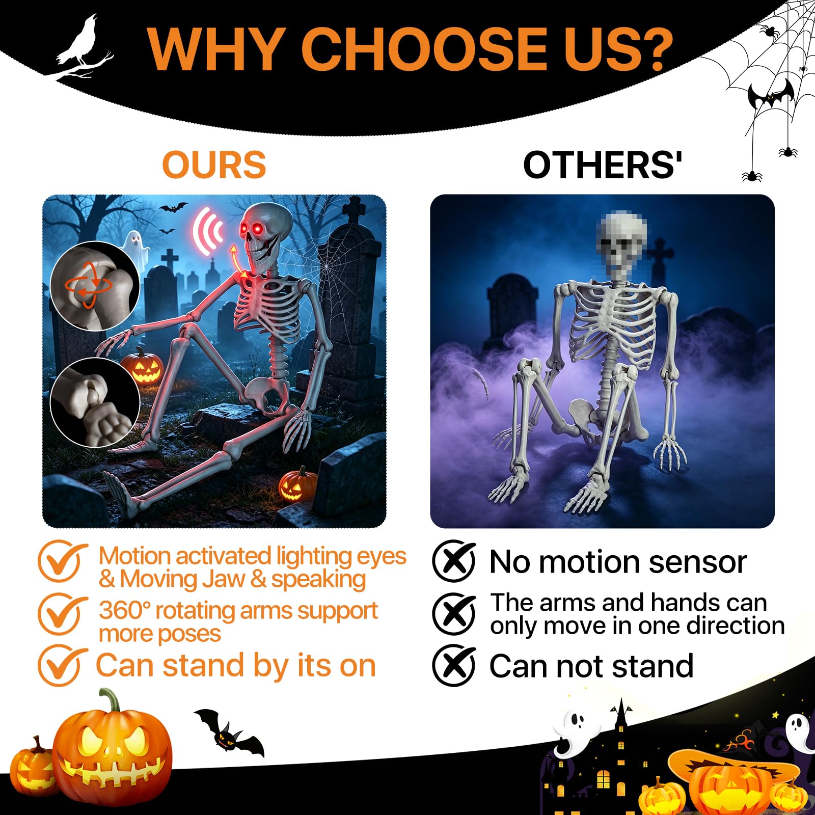 HBSTK 165 cm Pose-N-Stay Halloween scheletro a grandezza naturale Pose-N-Stay Jonint mobili mobili mobili con ragnatela elastica da 200 mq e 50 piccoli ragni finti per decorazioni di Halloween