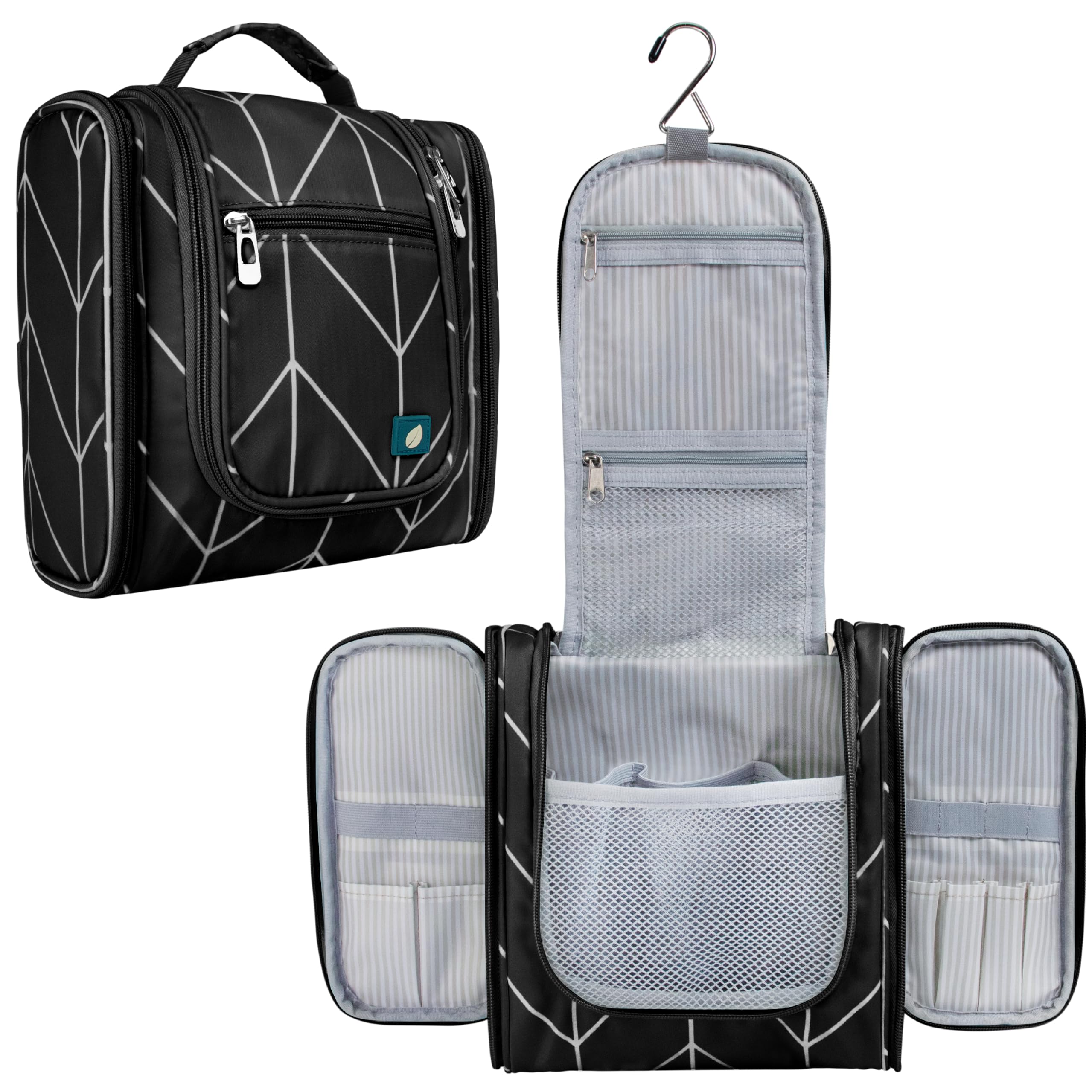 PAVILIA Hanging Toiletry Bag for Women Men, Travel Toiletry Bag Organizer for Toiletries, Cosmetics, Makeup Bag with Mesh, Water Resistant Pockets (Black Chevron)