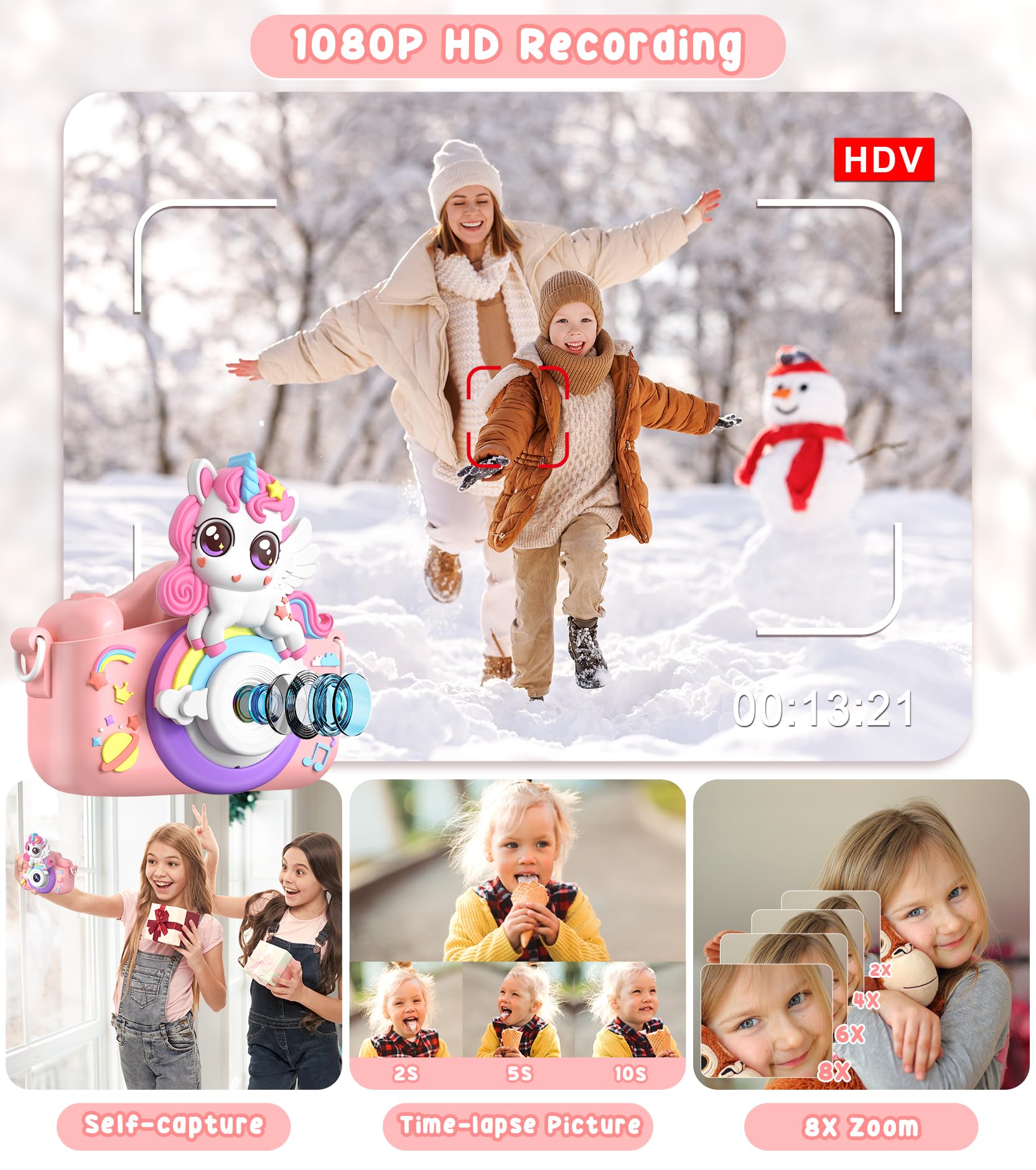 Gontence Macchina Fotografica Bambini, 2.0" Schermo Macchina Fotografica Bambino, Scheda SD 32GB | 1080p HD Filmati, Giochi Bambini 3 4 5 6 7 8 9 10 11 12 Anni, Regalo Bambina Femmina Digital