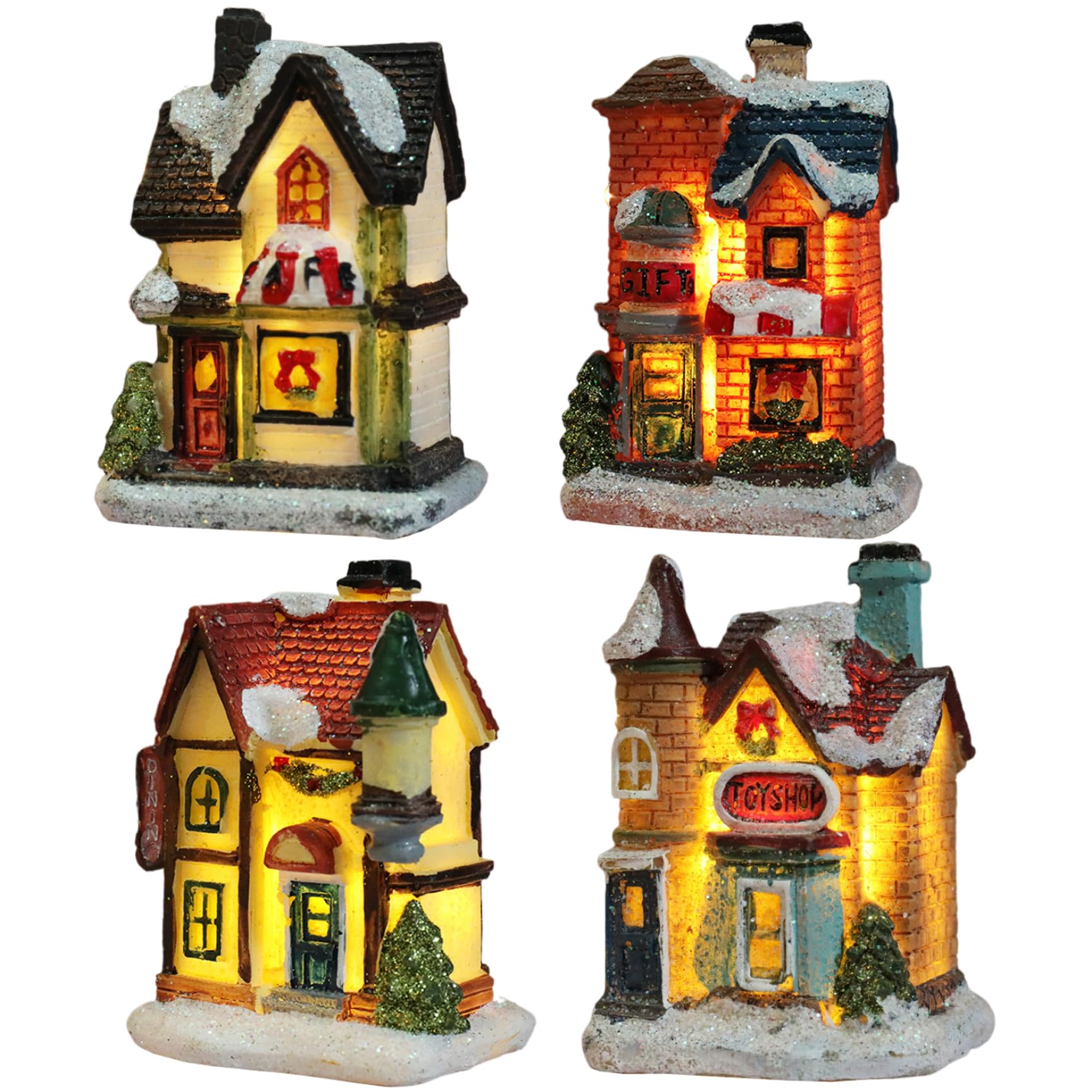 AZIDWERYQ 4Pcs Christmas Village Sets, LED Light Up Resin Christmas Village House Winter Theme Realistic Battery Operated Figurines for Decor